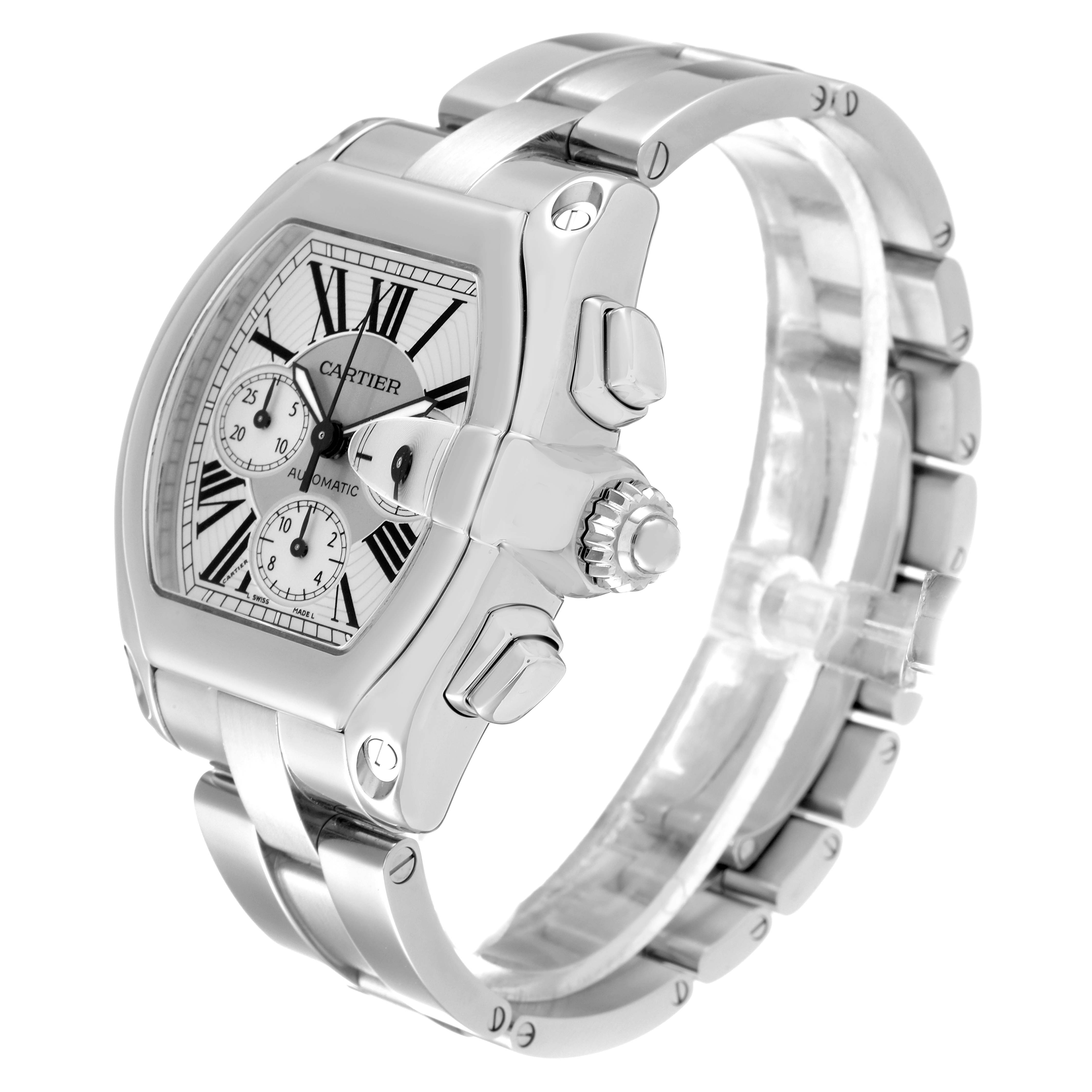 The Cartier Roadster W62019X6 Men's Stainless Steel Silver Dial W62019X6 Men's Stainless Steel Silver Dial watch is shown at a three-quarter angle, highlighting the dial, bezel, and stainless steel bracelet.