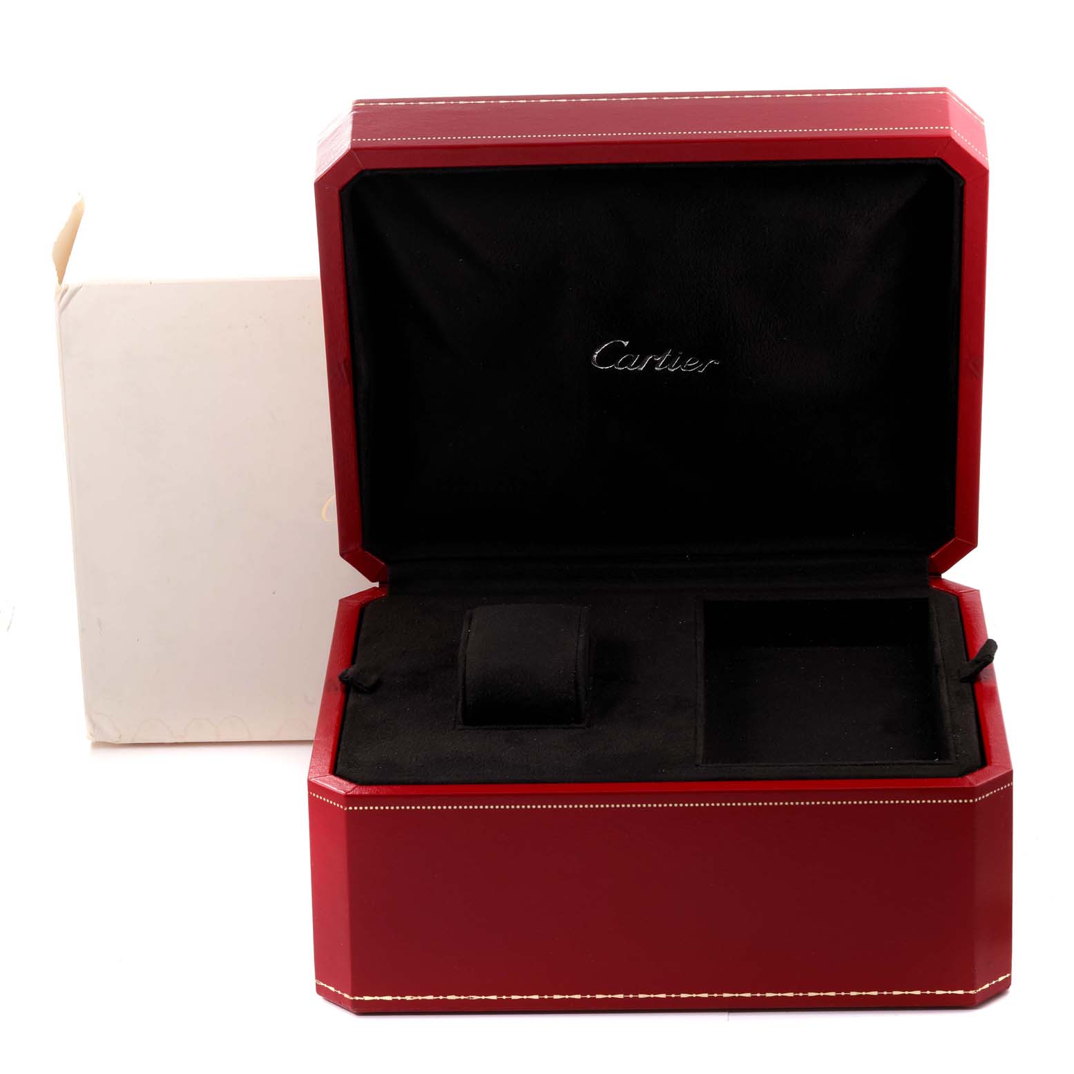 The image shows an open red Cartier watch box for the Roadster model, displaying the interior compartments from a front angle.
