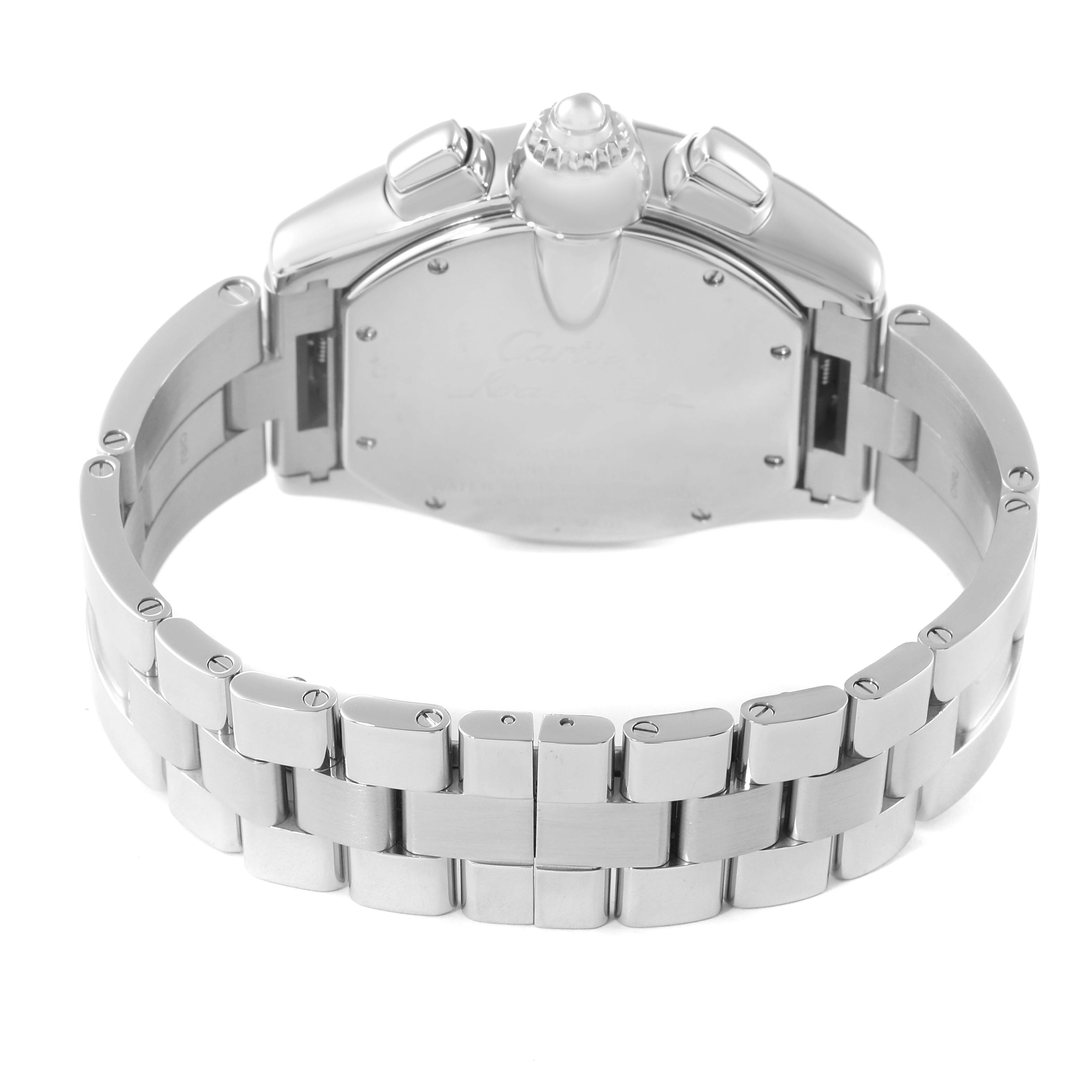 The image shows the back view and bracelet of the Cartier Roadster W62019X6 Men's Stainless Steel Silver Dial W62019X6 Men's Stainless Steel Silver Dial watch, highlighting the clasp and band links.