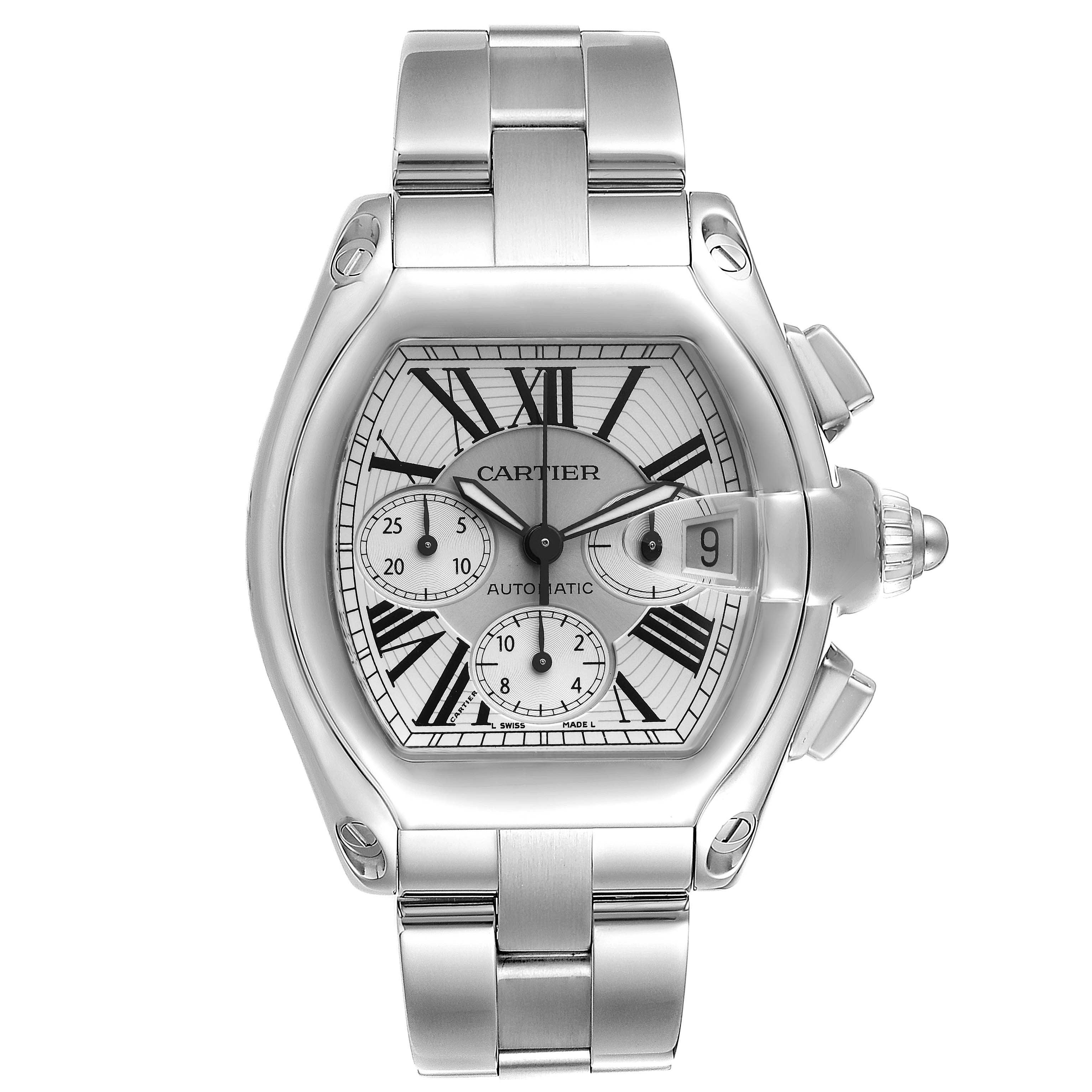 The image shows a frontal view of the Cartier Roadster W62019X6 Men's Stainless Steel Silver Dial W62019X6 Men's Stainless Steel Silver Dial watch, highlighting the face, crown, and bracelet.