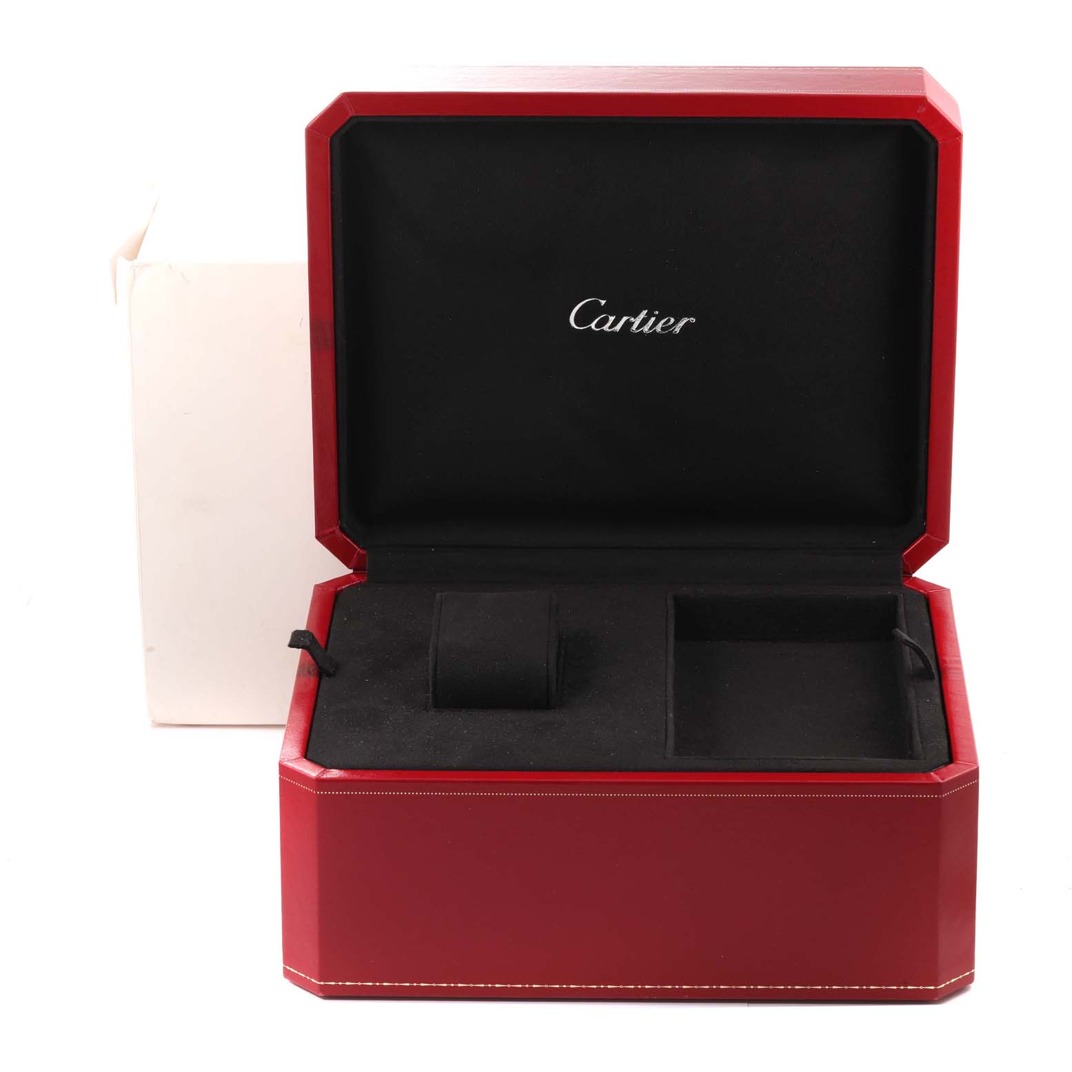 The image shows an open red and black Cartier Roadster W62020X6 Men's Stainless Steel Black Dial W62020X6 Men's Stainless Steel Black Dial watch box, viewed from the front.