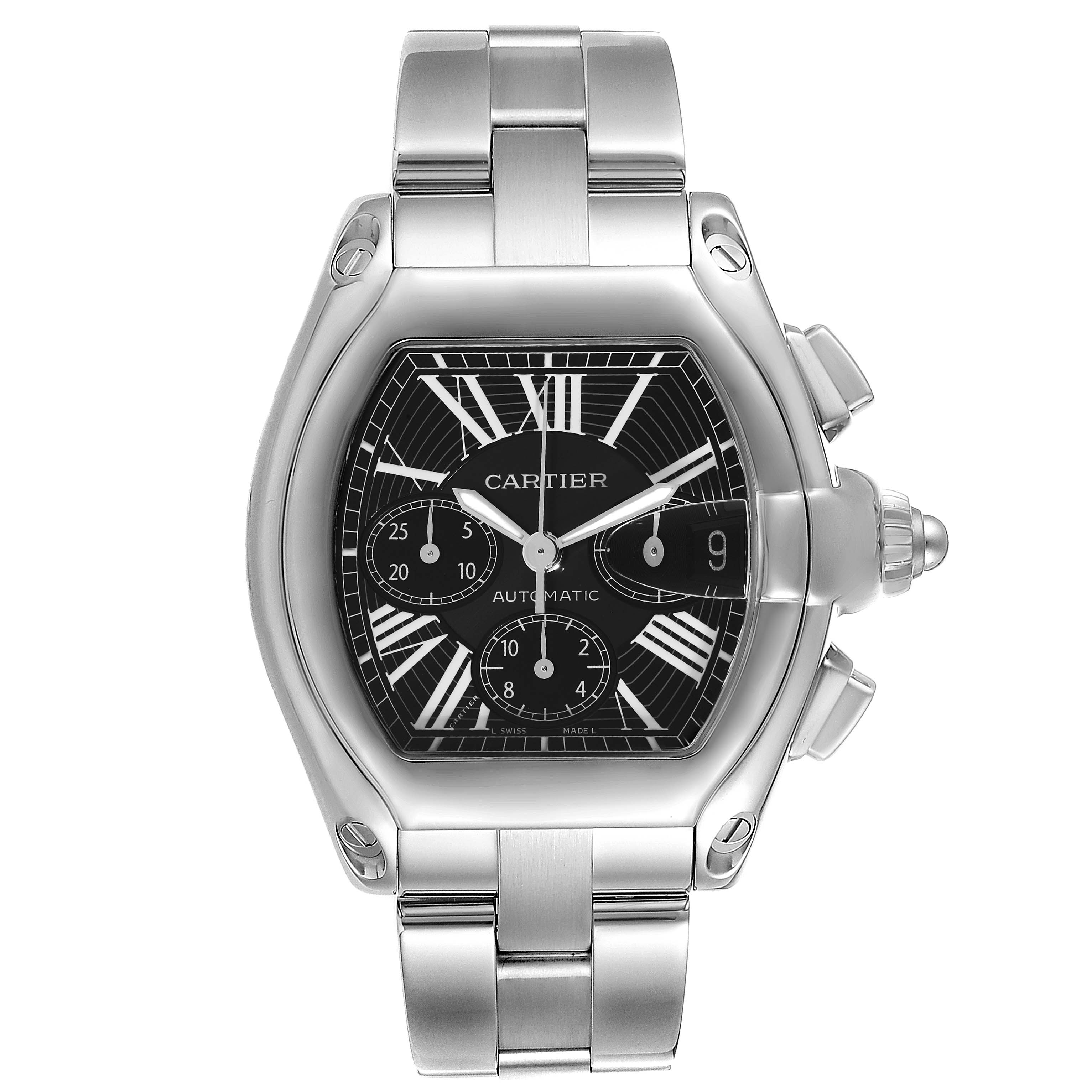 The image shows a front view of the Cartier Roadster W62020X6 Men's Stainless Steel Black Dial W62020X6 Men's Stainless Steel Black Dial watch, highlighting its face, dial, and bracelet.