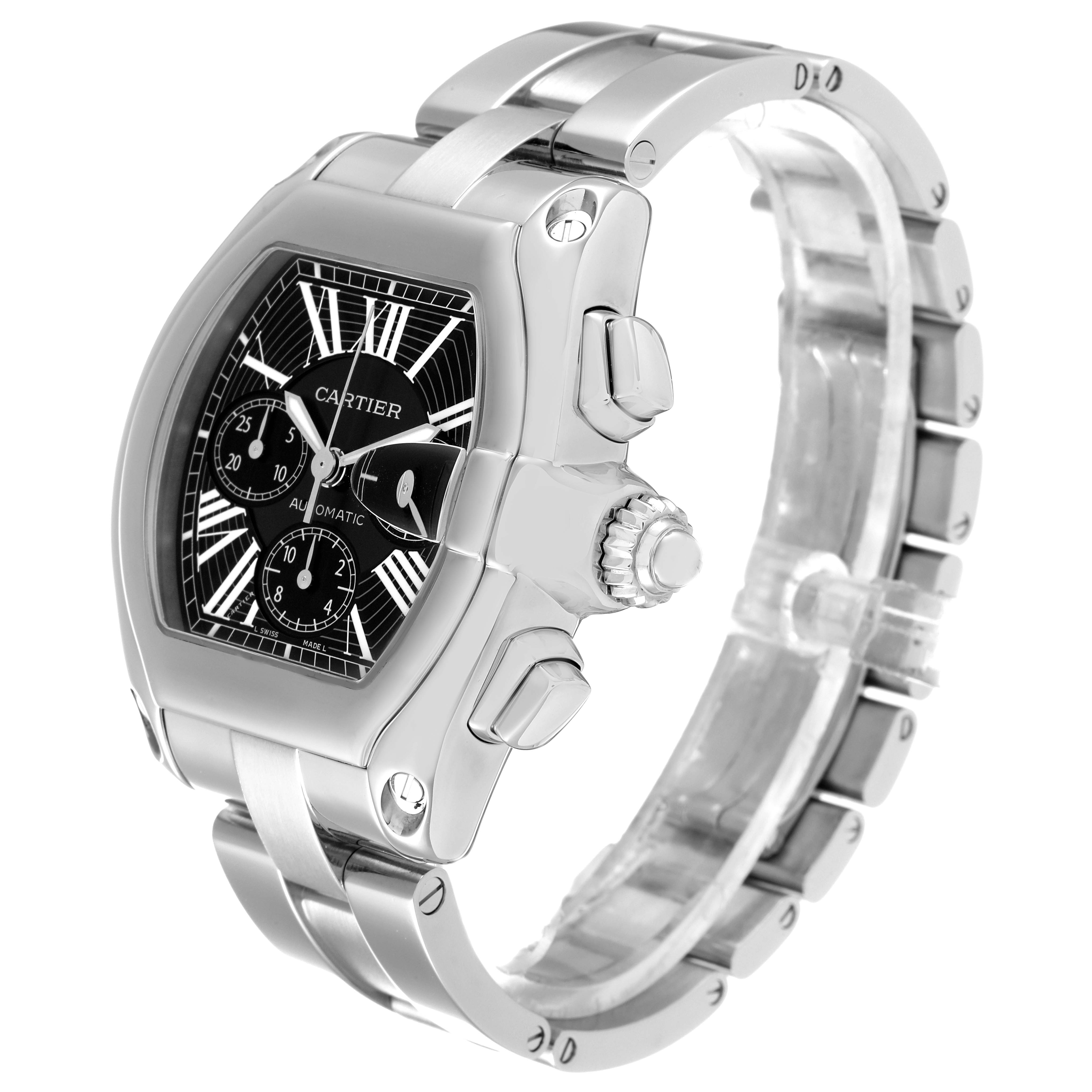 This image shows a side and front view of the Cartier Roadster W62020X6 Men's Stainless Steel Black Dial W62020X6 Men's Stainless Steel Black Dial watch, highlighting its case, dial, bracelet, and crown.