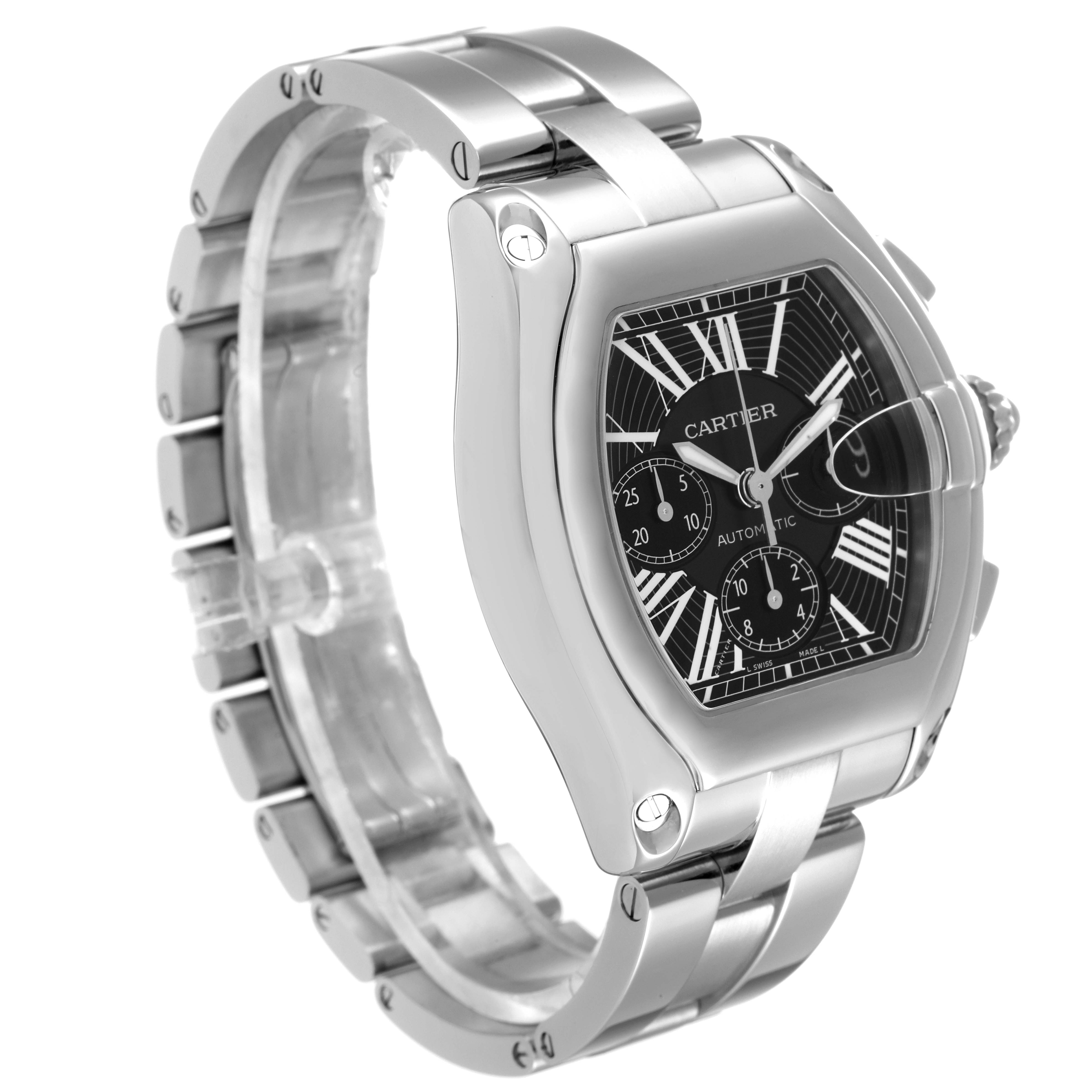 The image shows a Cartier Roadster W62020X6 Men's Stainless Steel Black Dial W62020X6 Men's Stainless Steel Black Dial watch at a three-quarter angle, highlighting the watch face and stainless steel bracelet.