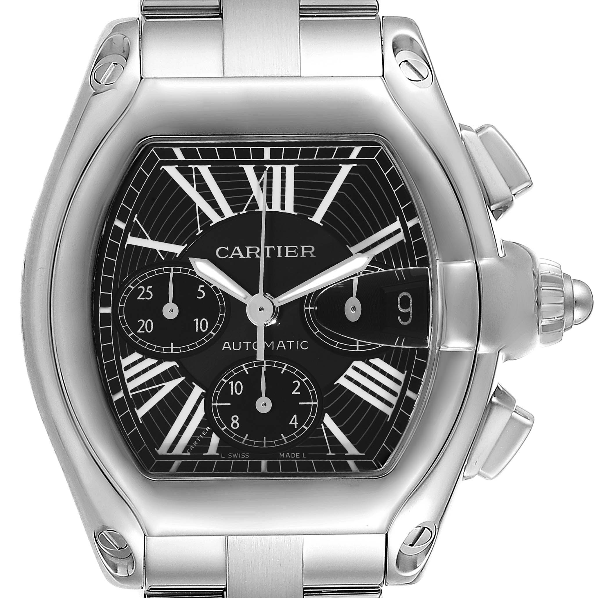 This image shows the Cartier Roadster W62020X6 Men's Stainless Steel Black Dial W62020X6 Men's Stainless Steel Black Dial watch with a close-up view of its face and stainless steel bracelet.