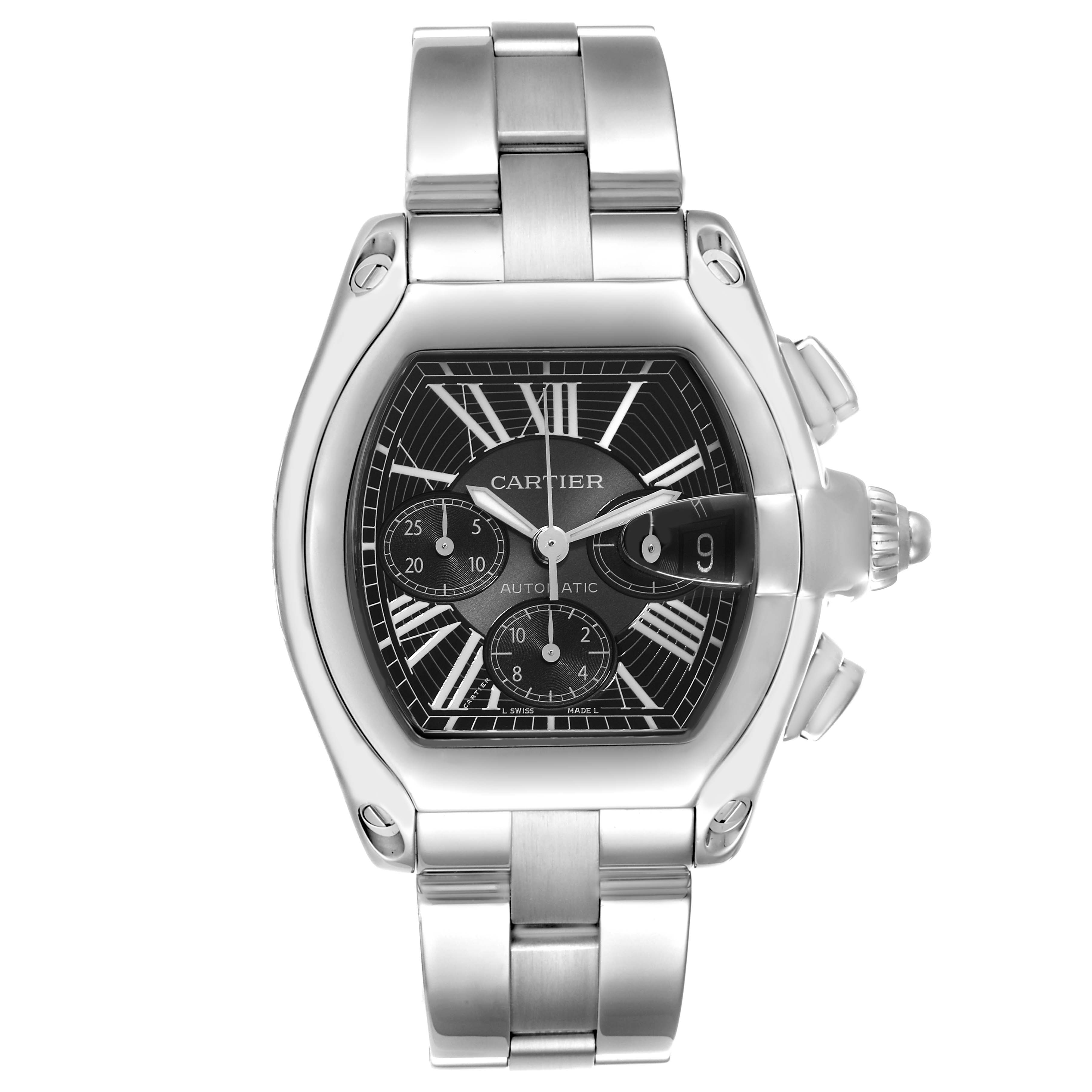This image shows a front view of the Cartier Roadster W62020X6 Men's Stainless Steel Black Dial W62020X6 Men's Stainless Steel Black Dial watch, detailing the face, crown, and stainless steel bracelet.