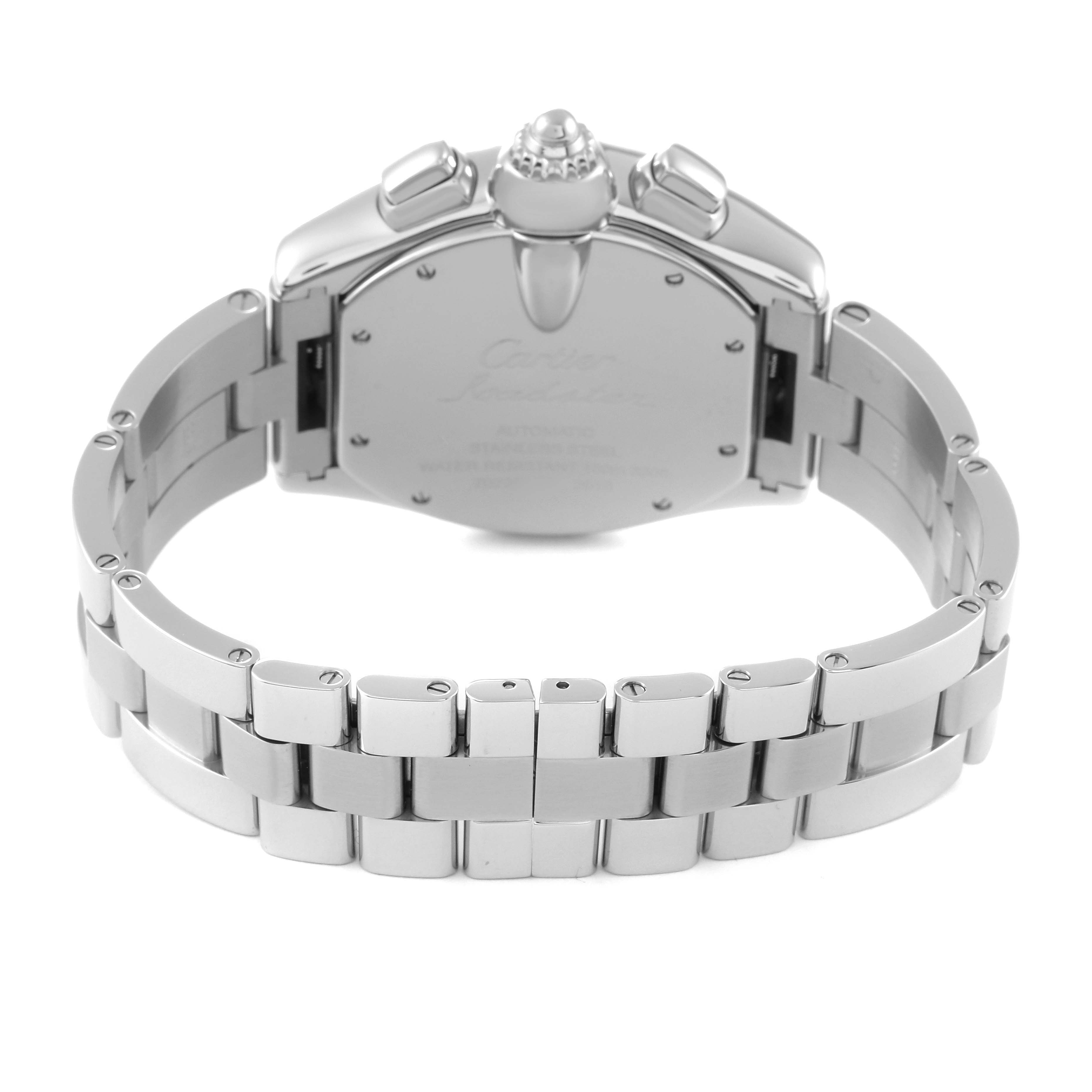 The image shows the back view of the Cartier Roadster W62020X6 Men's Stainless Steel Black Dial W62020X6 Men's Stainless Steel Black Dial watch, focusing on the case back and bracelet.