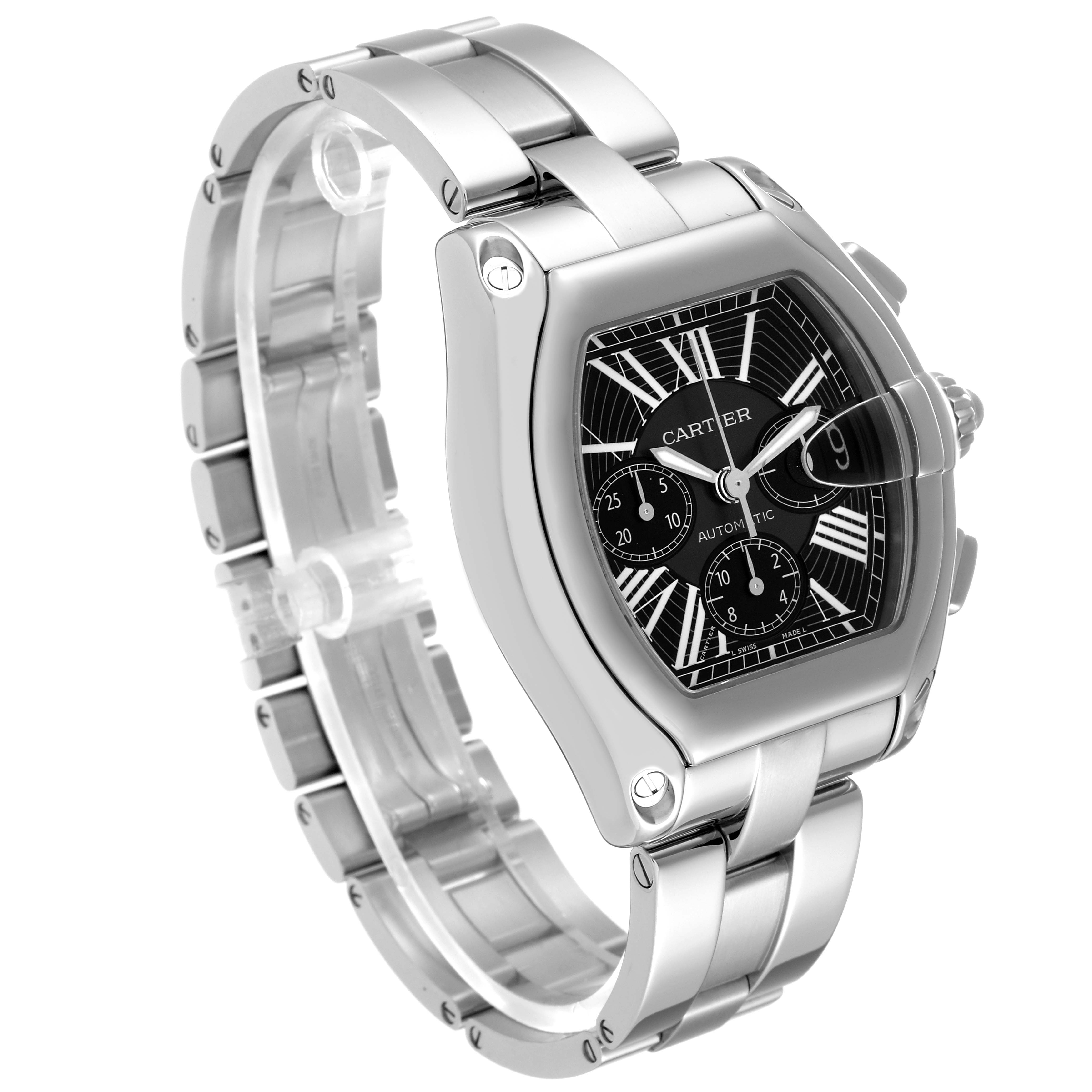 The image shows a side and angled view of the Cartier Roadster W62020X6 Men's Stainless Steel Black Dial W62020X6 Men's Stainless Steel Black Dial watch, highlighting its stainless steel case and bracelet.
