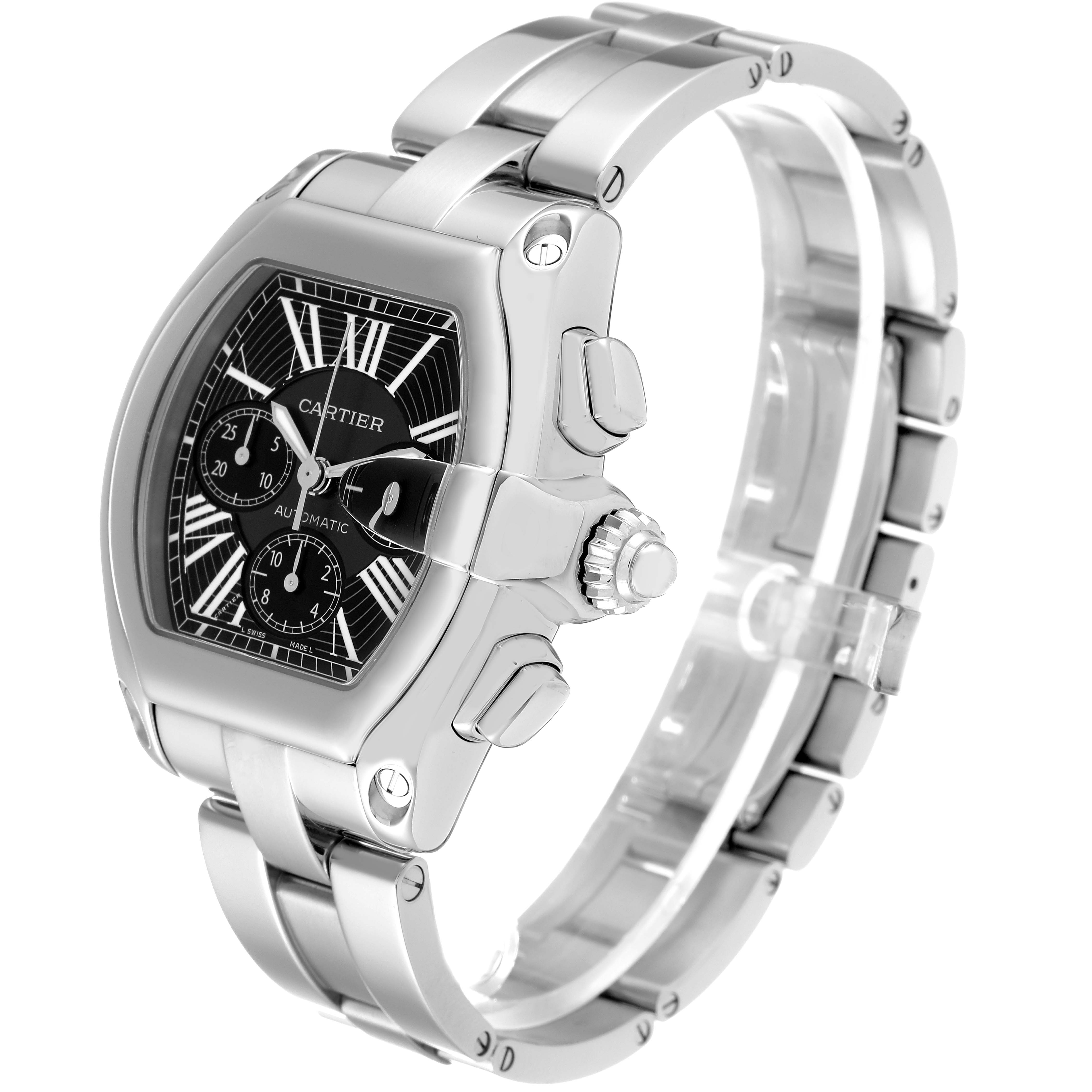 This is a Cartier Roadster W62020X6 Men's Stainless Steel Black Dial W62020X6 Men's Stainless Steel Black Dial watch shown from a three-quarter view, displaying its face, bezel, crown, and bracelet.