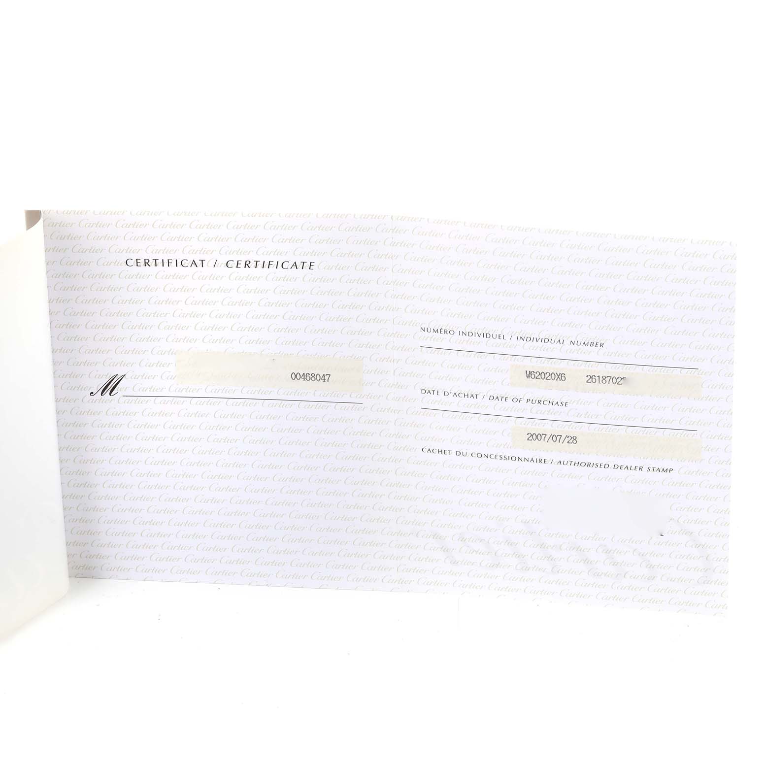 This image shows a certificate for the Cartier Roadster W62020X6 Men's Stainless Steel Black Dial W62020X6 Men's Stainless Steel Black Dial model watch, including individual and purchase details.