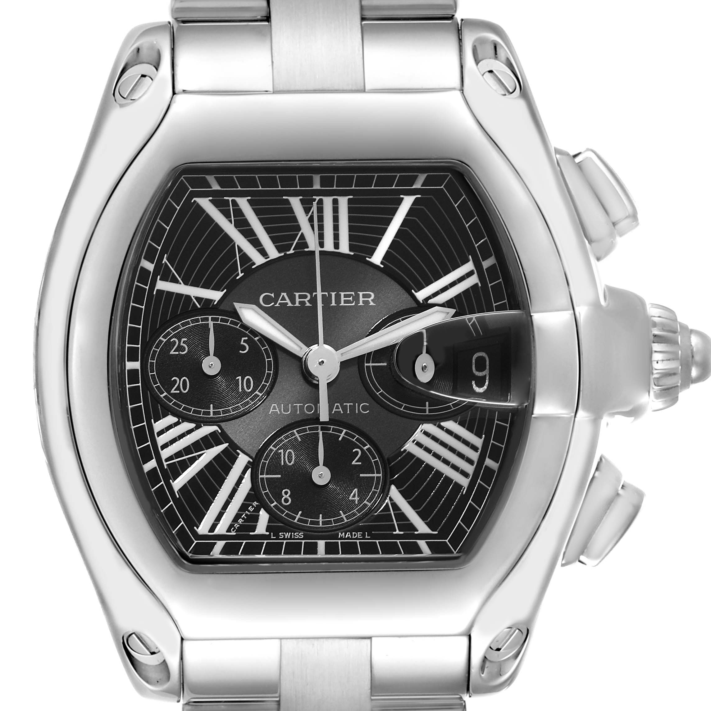 The image shows a frontal view of a Cartier Roadster W62020X6 Men's Stainless Steel Black Dial W62020X6 Men's Stainless Steel Black Dial watch, highlighting its face, dial, and part of the bracelet.