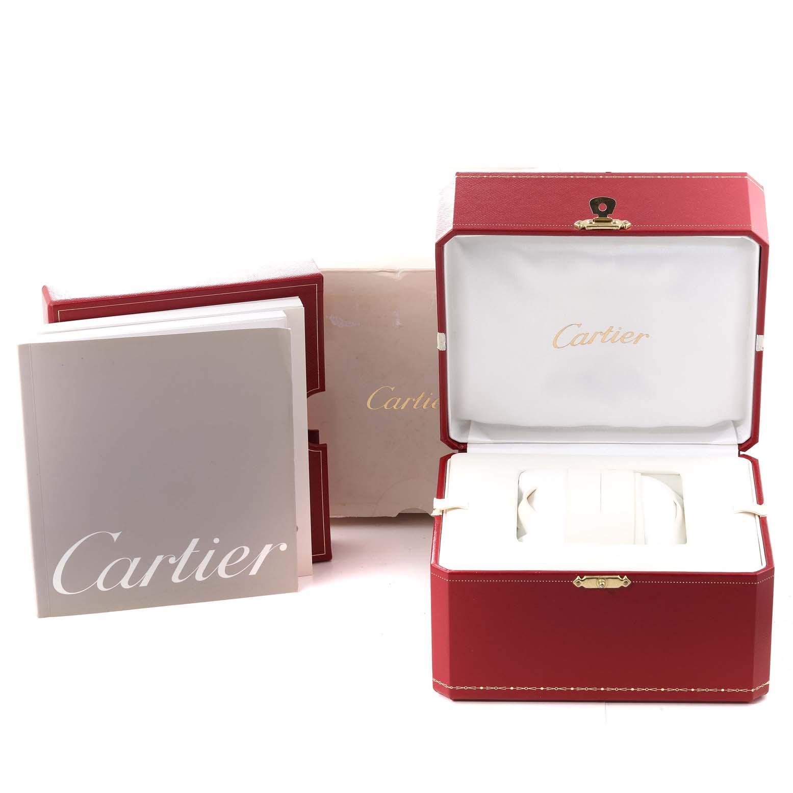 The image shows the packaging, warranty booklets, and red presentation box for the Cartier Roadster W62020X6 Men's Stainless Steel Black Dial W62020X6 Men's Stainless Steel Black Dial watch, without the watch itself.