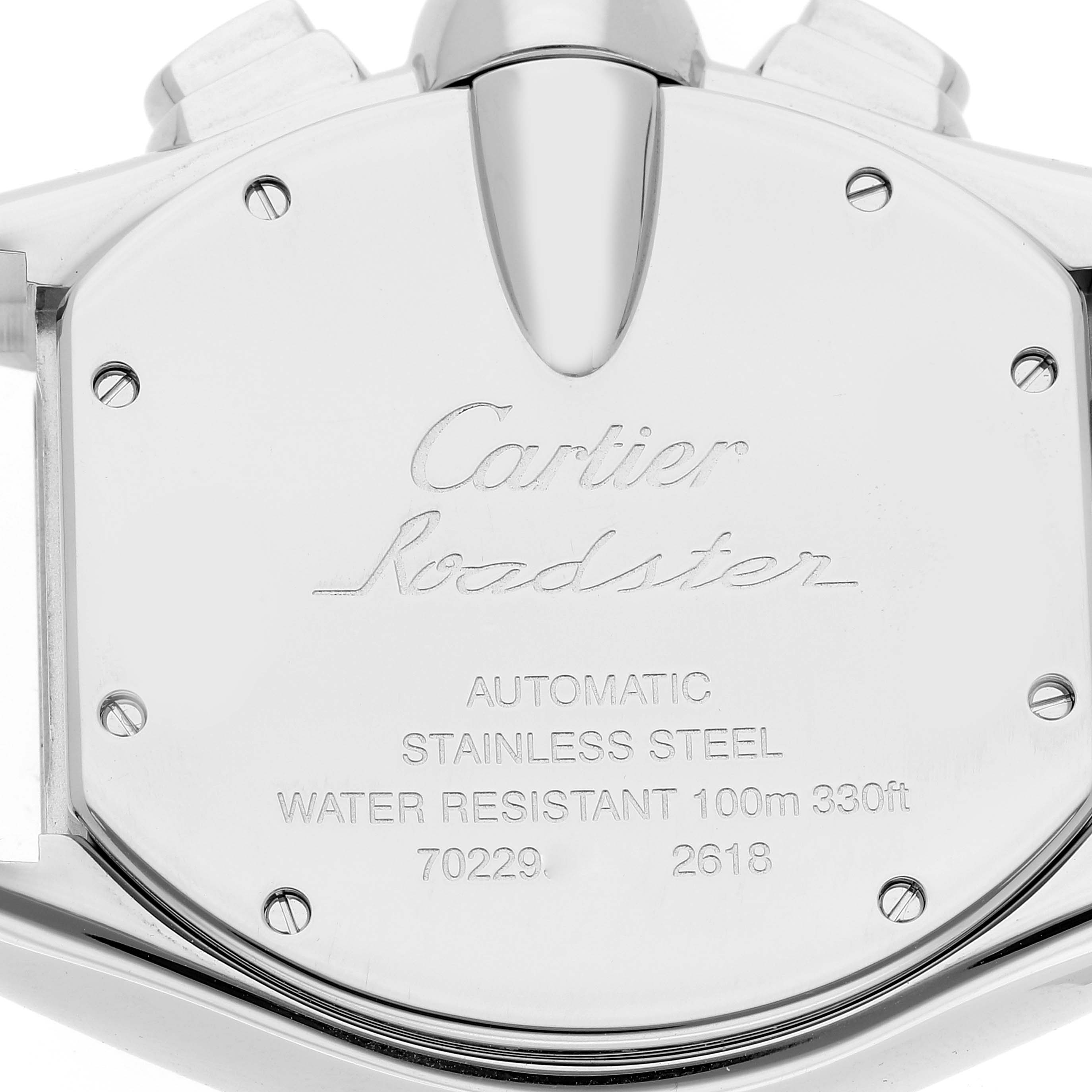 This image shows a close-up of the case back of the Cartier Roadster W62020X6 Men's Stainless Steel Black Dial W62020X6 Men's Stainless Steel Black Dial watch.