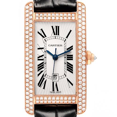 The image shows a straight-on angle of the Cartier Tank Americaine watch, featuring a diamond-encrusted bezel and black leather strap.