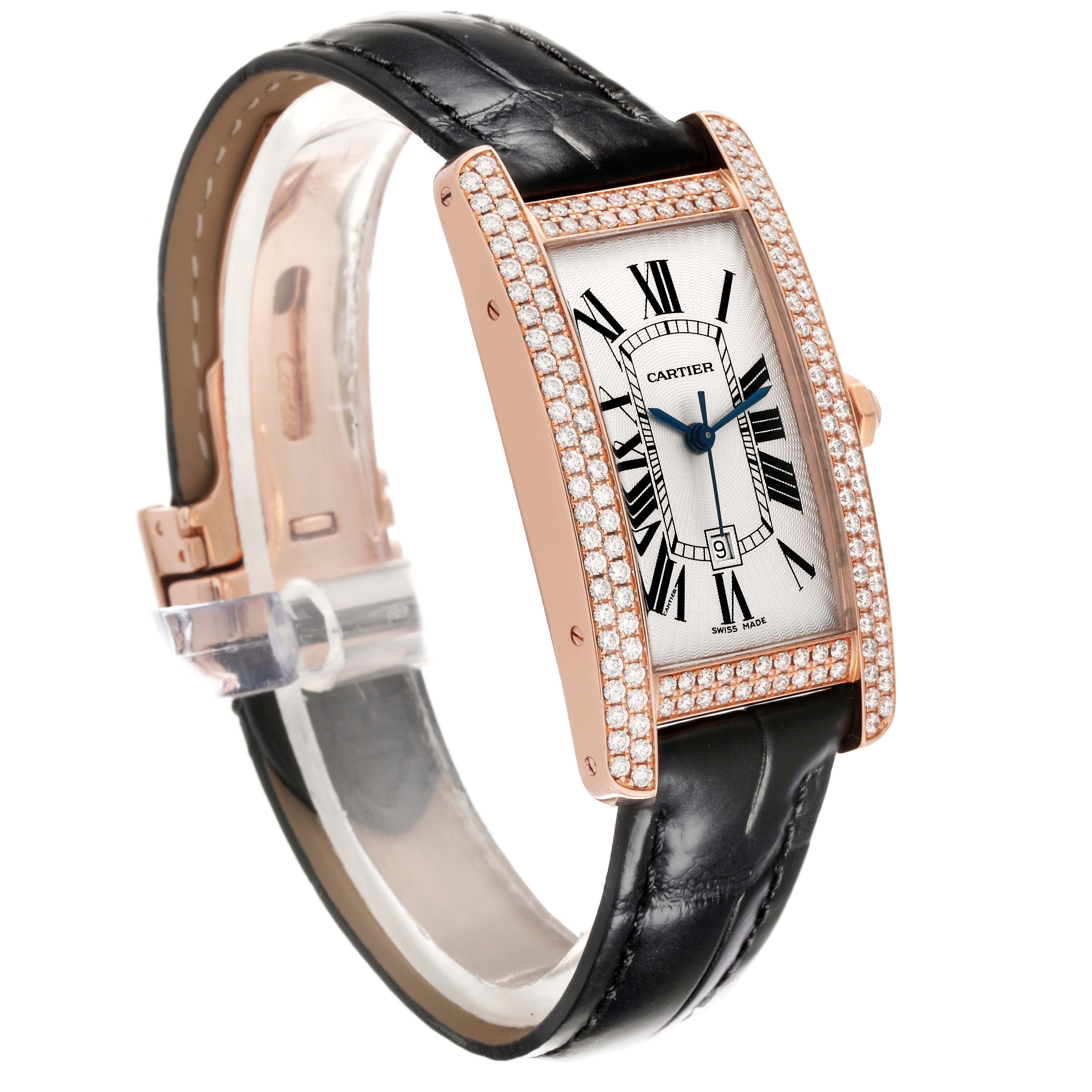 The Cartier Tank Americaine WB704751 Women's Rose Gold Silver Dial WB704751 Women's Rose Gold Silver Dial watch image shows a front angled view with a rose gold rectangular case, diamond bezel, and black leather strap.