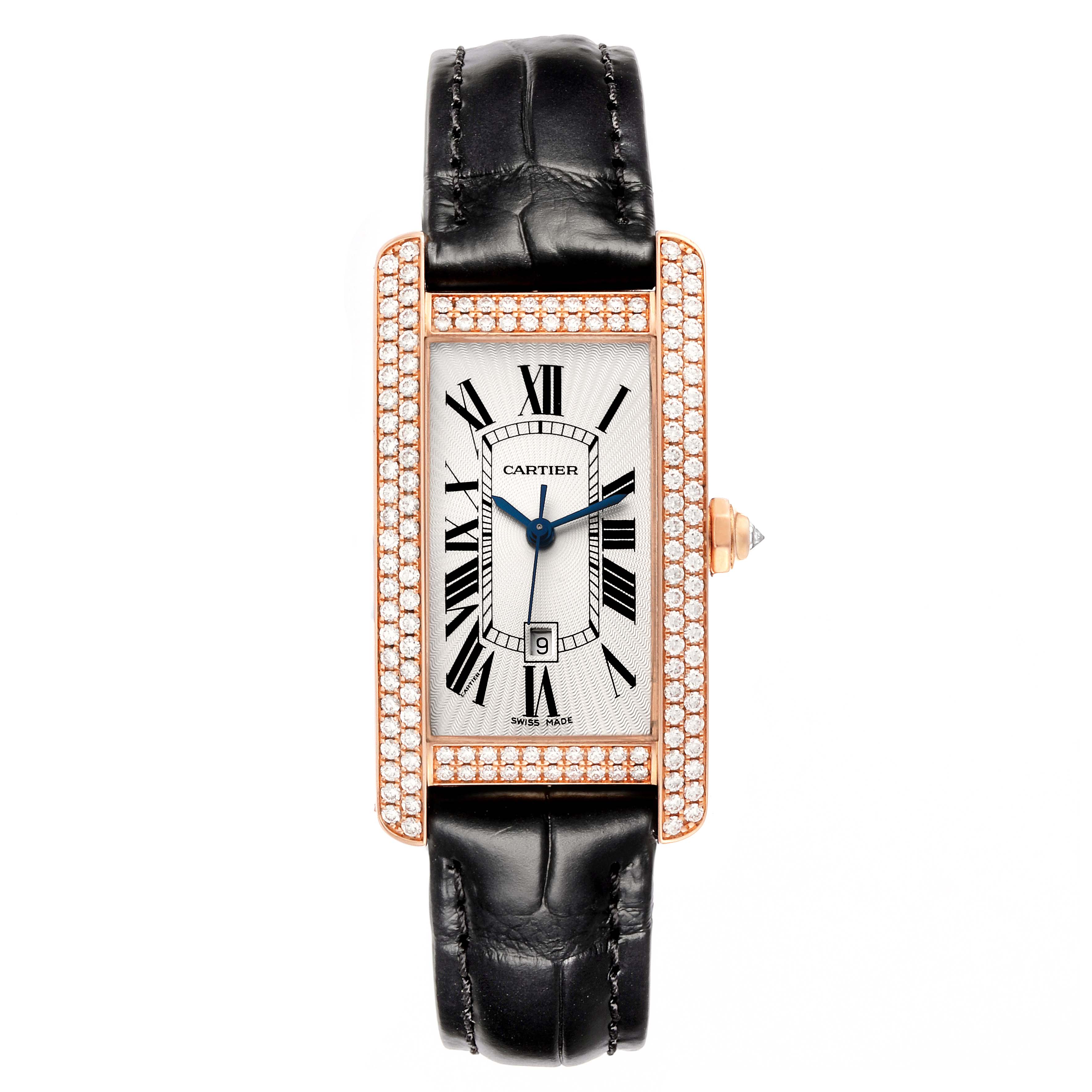 The image shows a front view of the Cartier Tank Americaine WB704751 Women's Rose Gold Silver Dial WB704751 Women's Rose Gold Silver Dial watch, featuring a rectangular face, diamond bezel, and black leather strap.