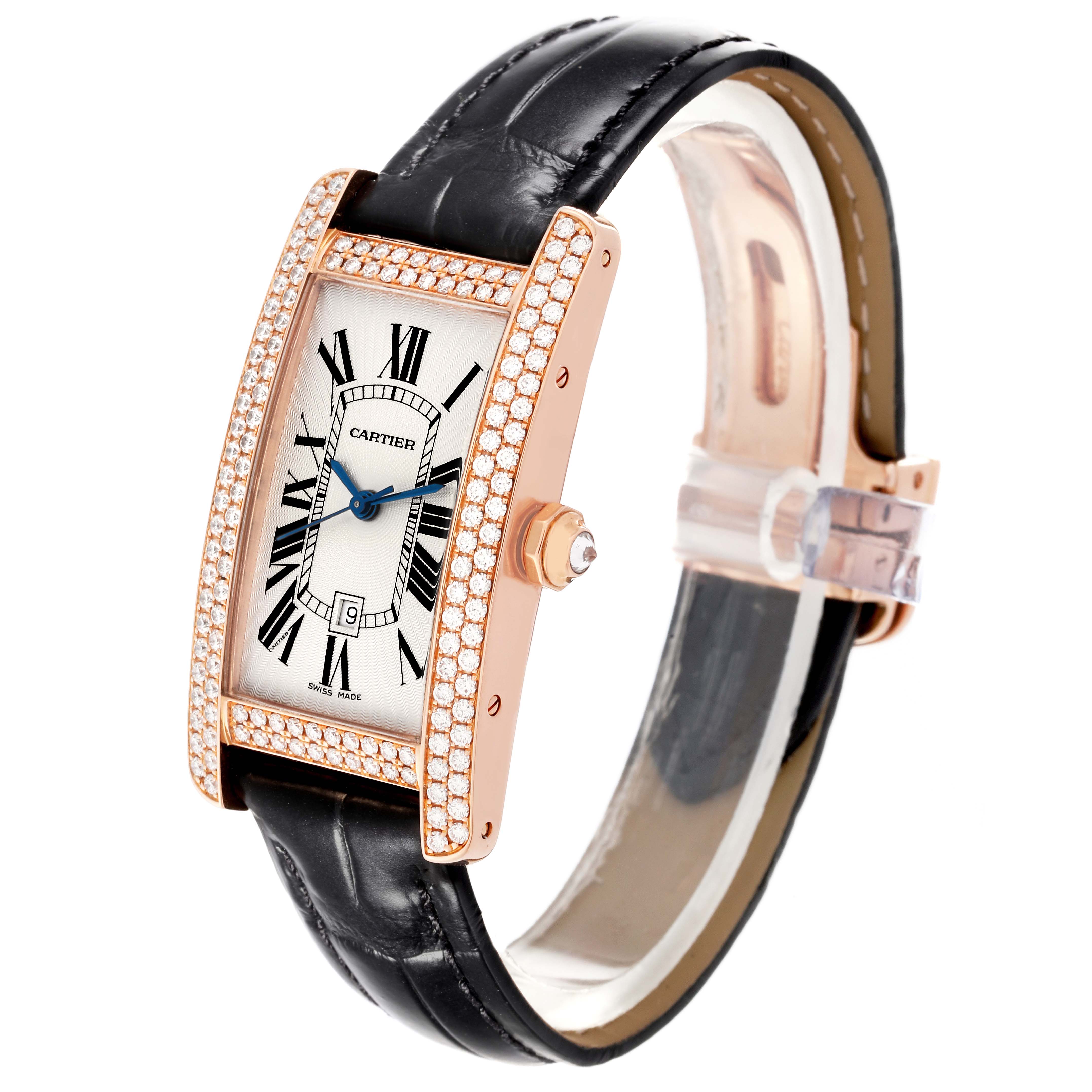 The Cartier Tank Americaine WB704751 Women's Rose Gold Silver Dial WB704751 Women's Rose Gold Silver Dial watch is shown at a three-quarter angle, highlighting its face, bezel, and leather strap.
