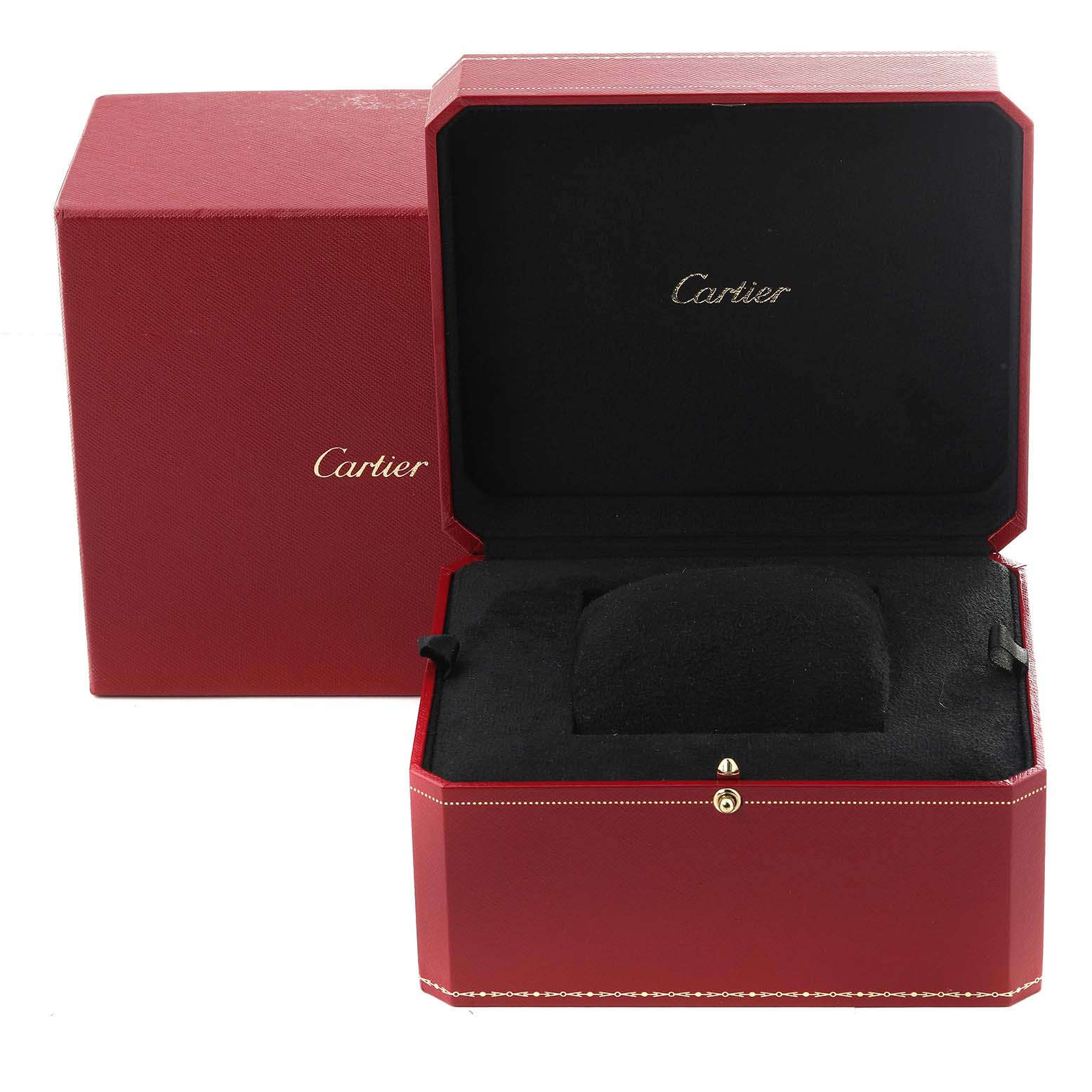 This image displays the packaging box for the Tank Americaine model by Cartier, including an open red case and an outer box.