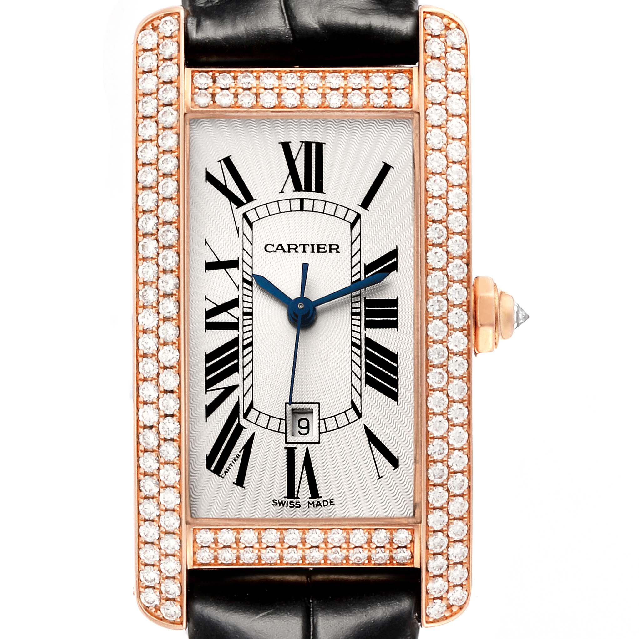 The image shows a close-up, front view of the face of a Cartier Tank Americaine WB704751 Women's Rose Gold Silver Dial WB704751 Women's Rose Gold Silver Dial watch with a diamond bezel and black leather strap.