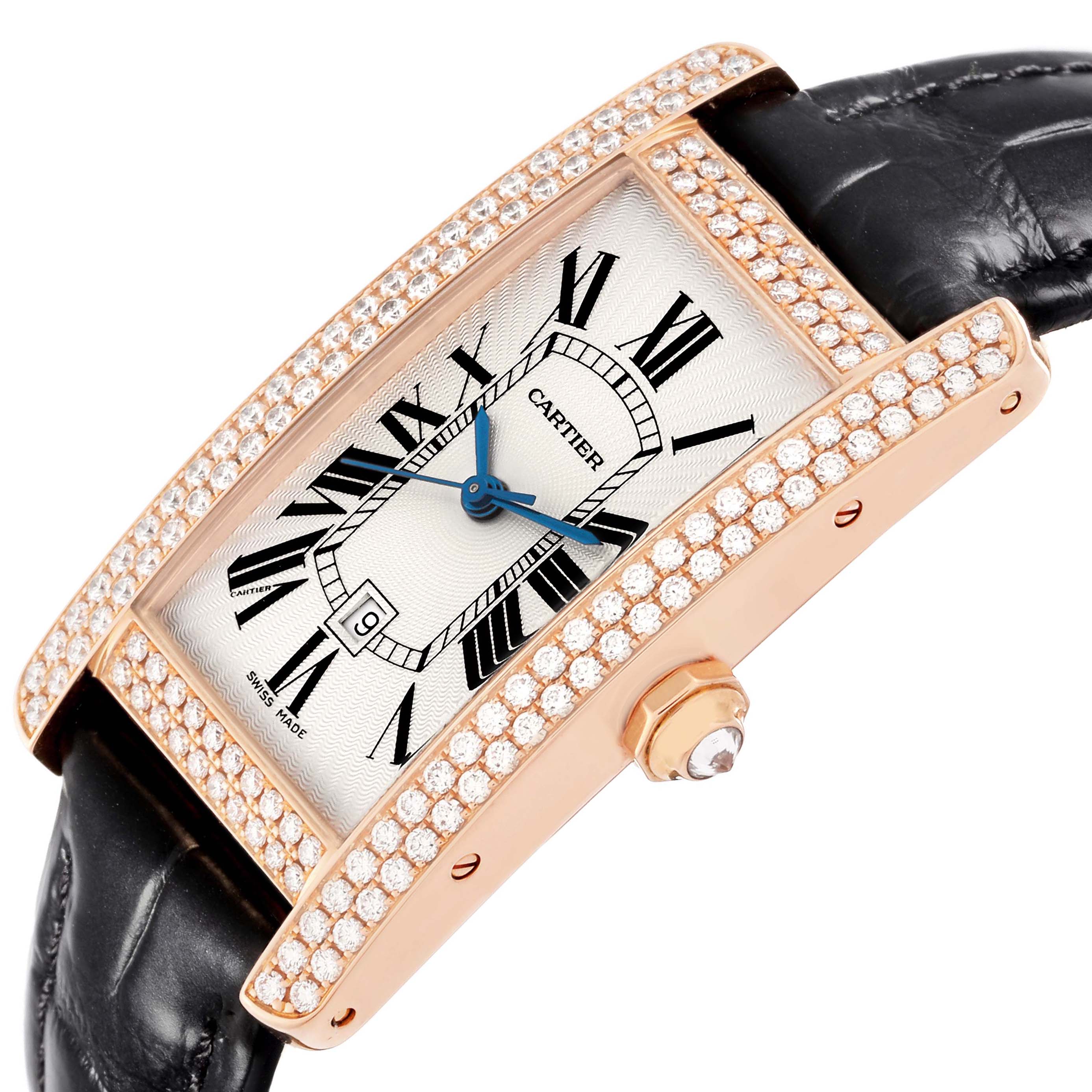 The Cartier Tank Americaine WB704751 Women's Rose Gold Silver Dial watch is shown at an angled close-up, highlighting its diamond-set bezel and leather strap.