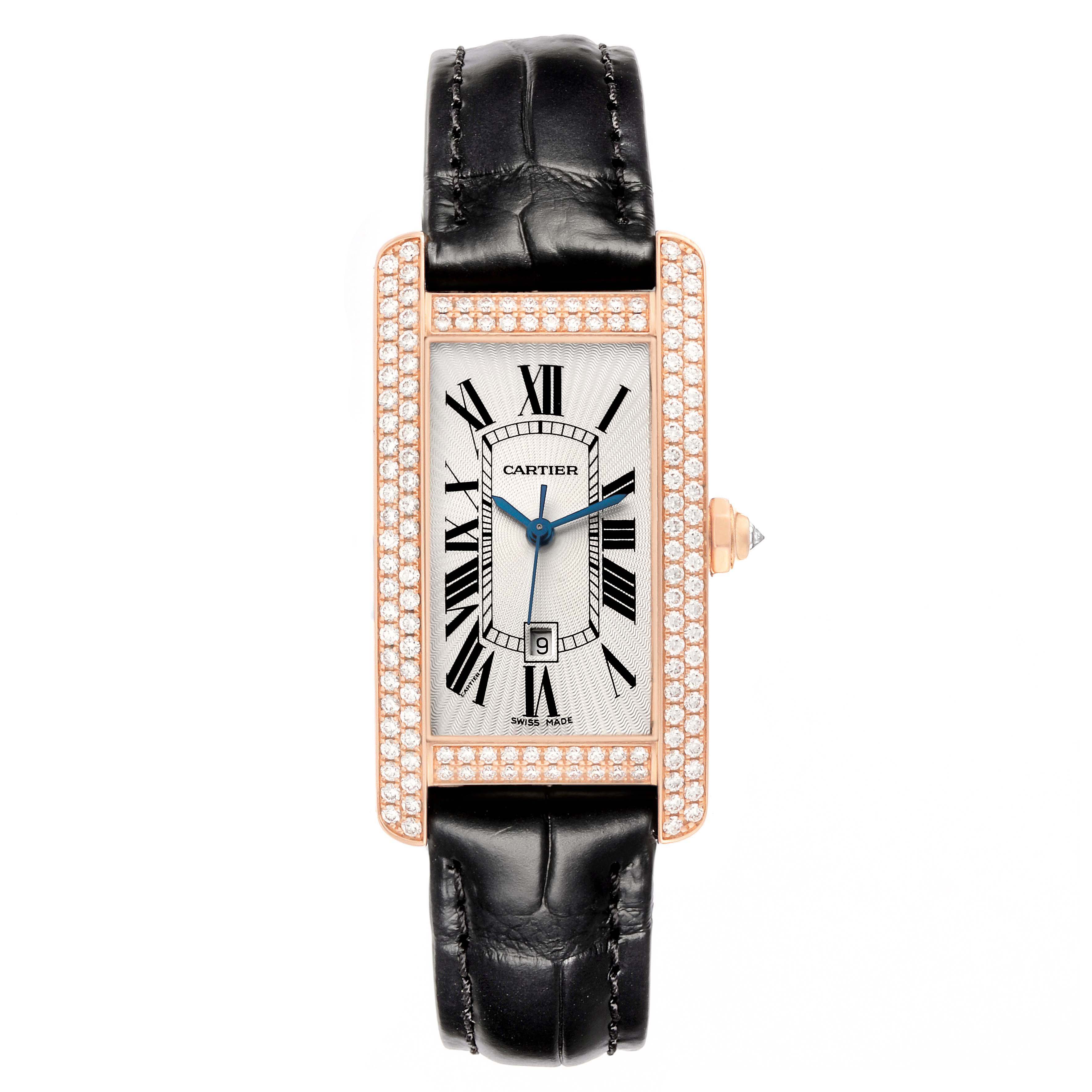 The Cartier Tank Américaine watch is shown from a top view, highlighting its diamond-set bezel, leather strap, and rectangular face.