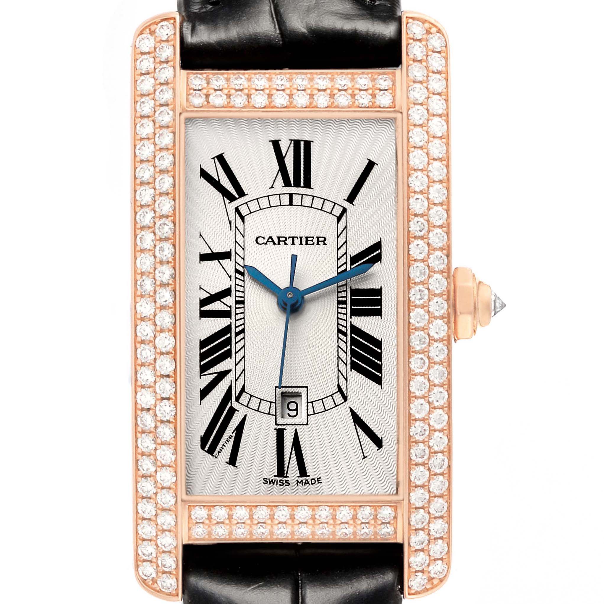 The Cartier Tank Américaine watch is shown from the front, highlighting its rectangular face with diamond accents, black strap, and blue hands.