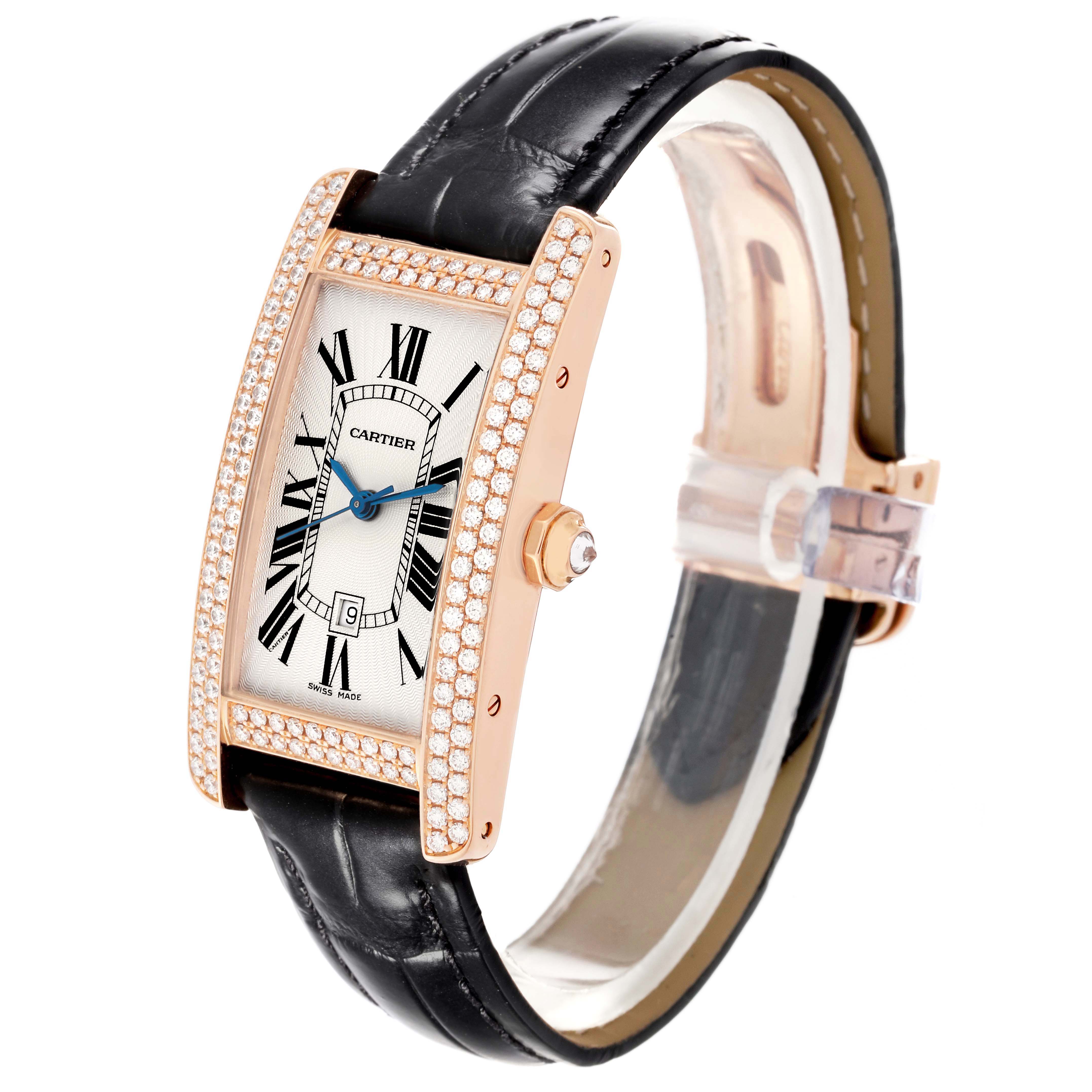 The Cartier Tank Americaine WB704751 Women's Rose Gold Silver Dial watch is shown at a side angle, highlighting the face, case, strap, and diamond detailing.