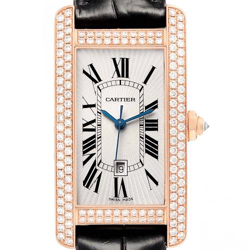 The Cartier Tank Americaine WB704751 Women's Rose Gold Silver Dial watch is shown front-facing, highlighting its rectangular face, Roman numerals, and diamond-set bezel.