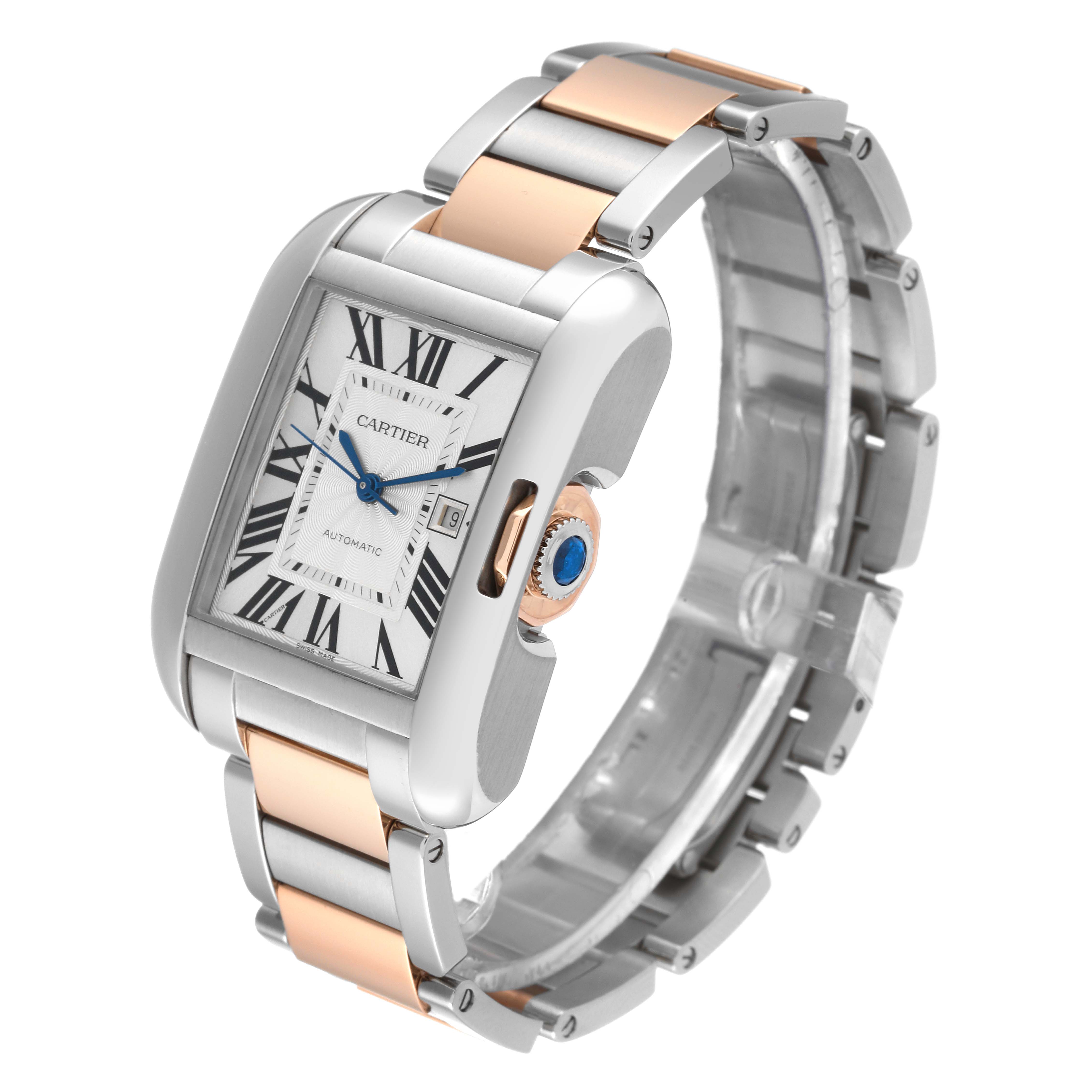 The image shows a Cartier Tank Anglaise W5310037 Men's Steel and Gold (two tone) Silver Dial W5310037 Men's Steel and Gold (two tone) Silver Dial watch at a slight angle, highlighting the face, crown, and two-tone bracelet.