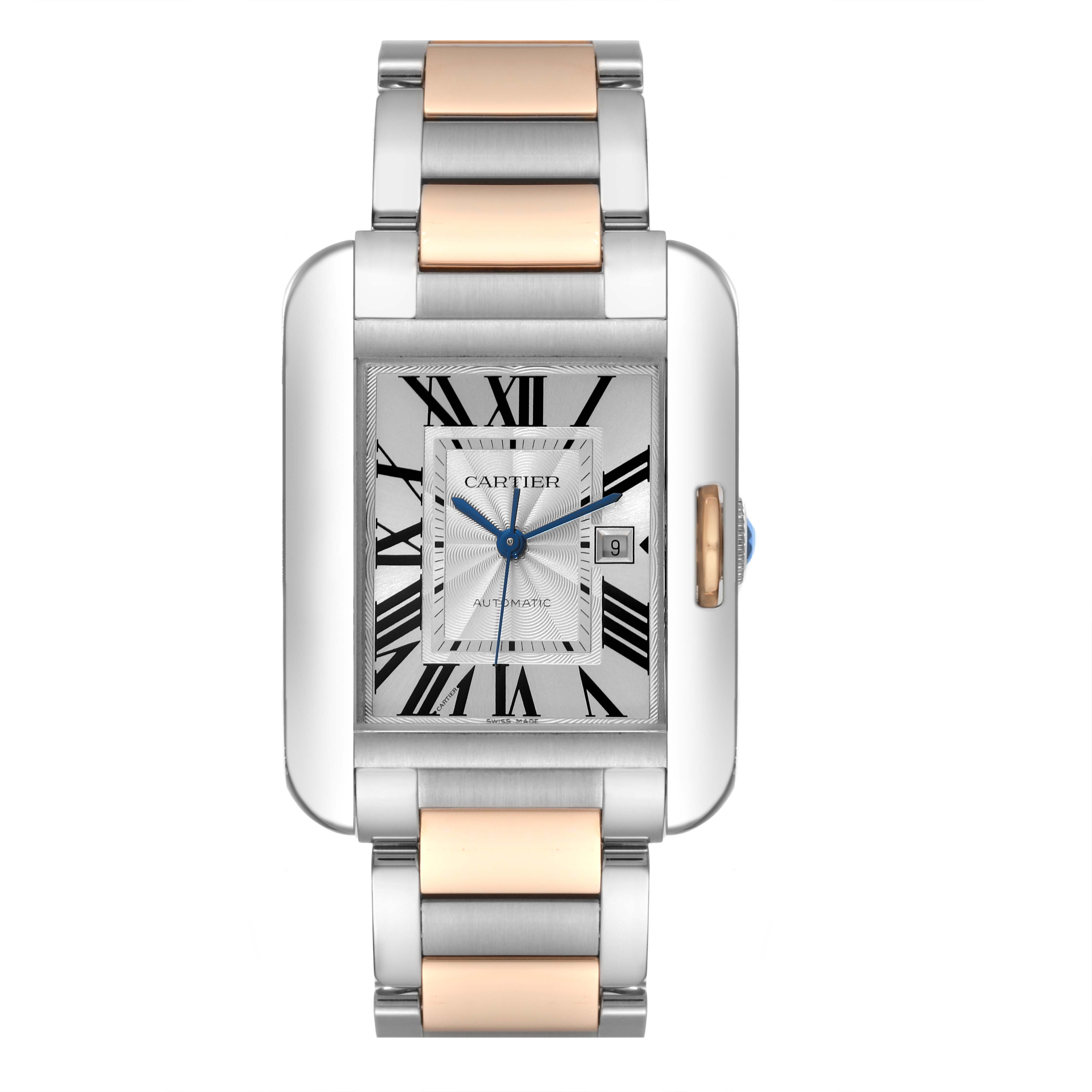 The image shows a front view of a Cartier Tank Anglaise W5310037 Men's Steel and Gold (two tone) Silver Dial W5310037 Men's Steel and Gold (two tone) Silver Dial watch featuring a two-tone metal bracelet, Roman numeral indices, and blue hands.