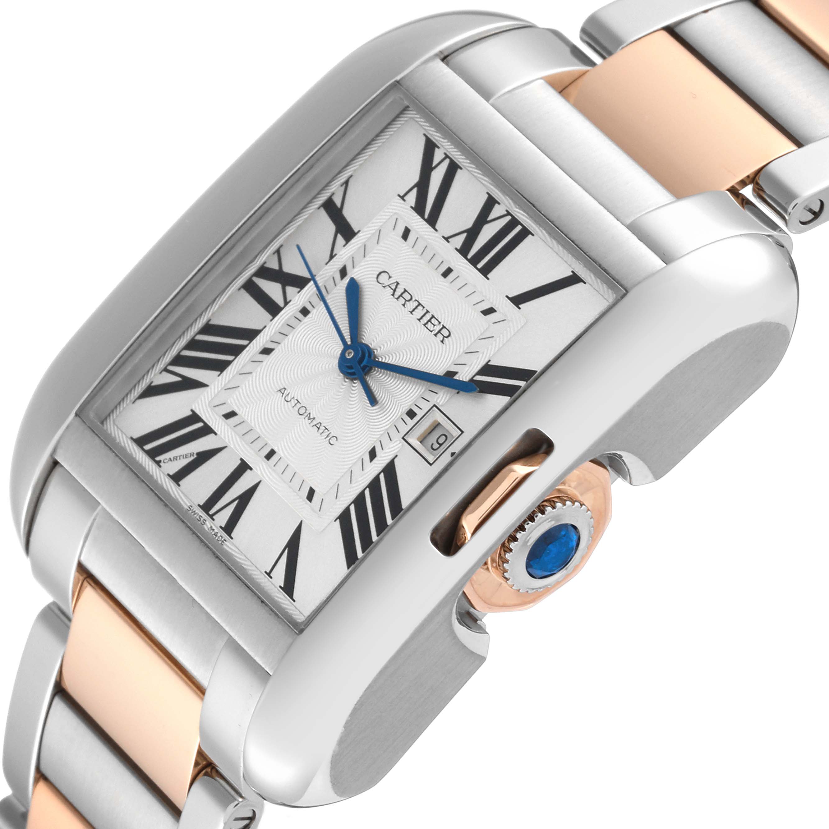The image shows a close-up view of the Cartier Tank Anglaise W5310037 Men's Steel and Gold (two tone) Silver Dial W5310037 Men's Steel and Gold (two tone) Silver Dial watch face, focusing on the dial, crown, and partial bracelet.