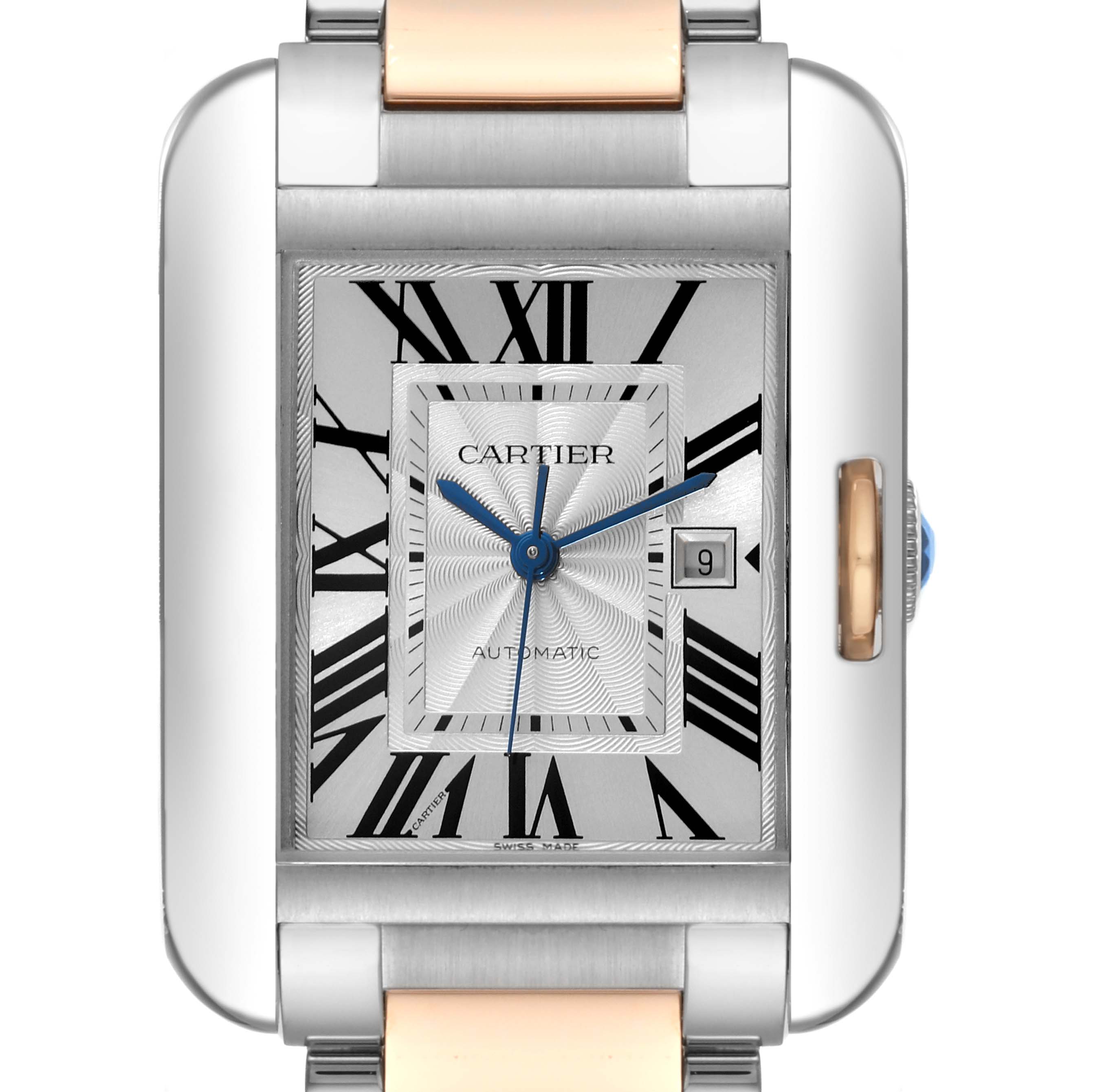 This image shows a direct front view of the Cartier Tank Anglaise W5310037 Men's Steel and Gold (two tone) Silver Dial W5310037 Men's Steel and Gold (two tone) Silver Dial watch, highlighting its face, Roman numerals, and date window.