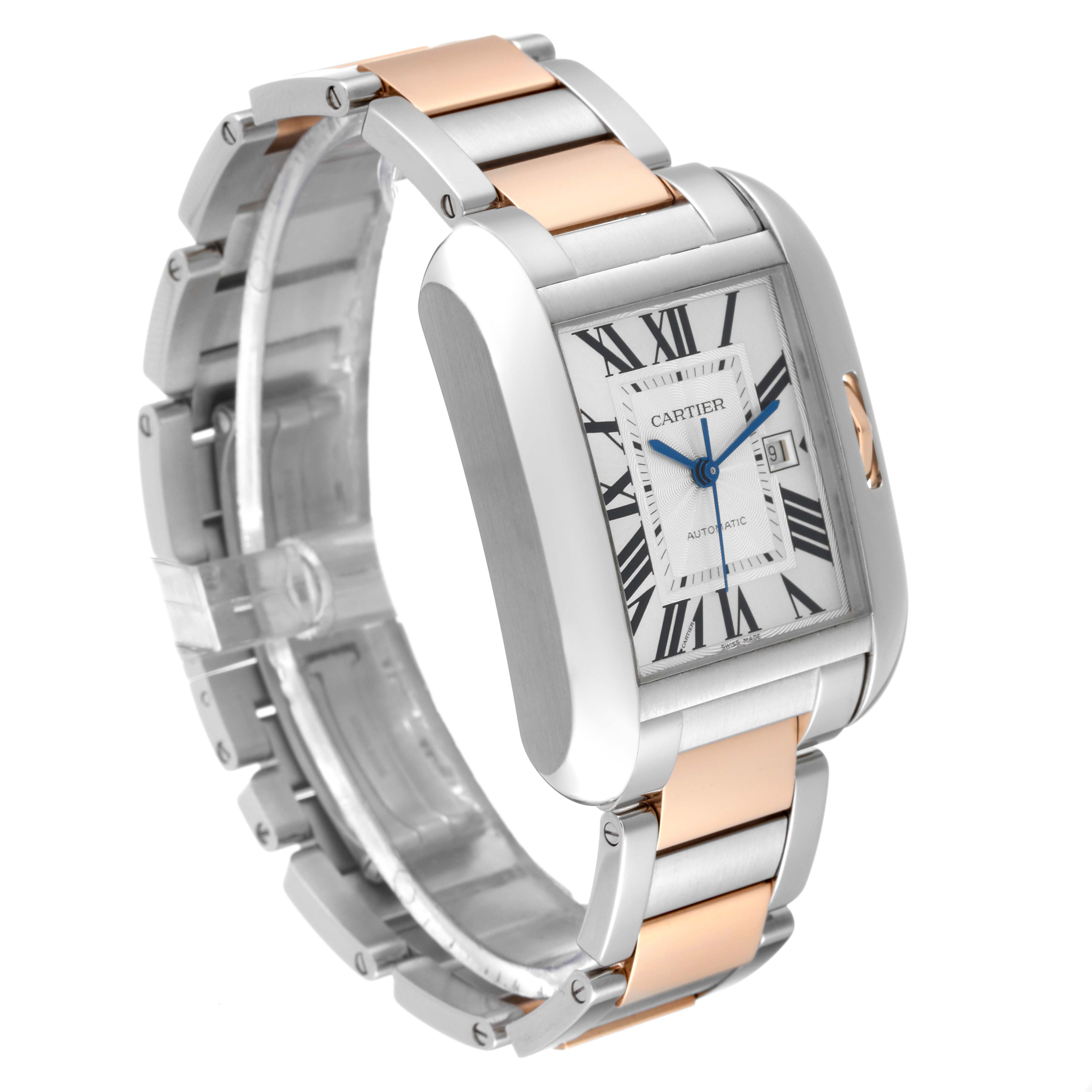 The image shows a Cartier Tank Anglaise W5310037 Men's Steel and Gold (two tone) Silver Dial W5310037 Men's Steel and Gold (two tone) Silver Dial watch from an angled side view, highlighting its dial, bracelet, and crown.