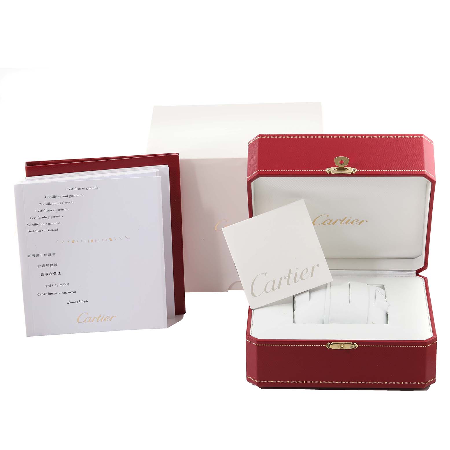 The image shows the packaging, documentation, and red box of the Cartier Tank Anglaise W5310037 Men's Steel and Gold (two tone) Silver Dial W5310037 Men's Steel and Gold (two tone) Silver Dial model watch.