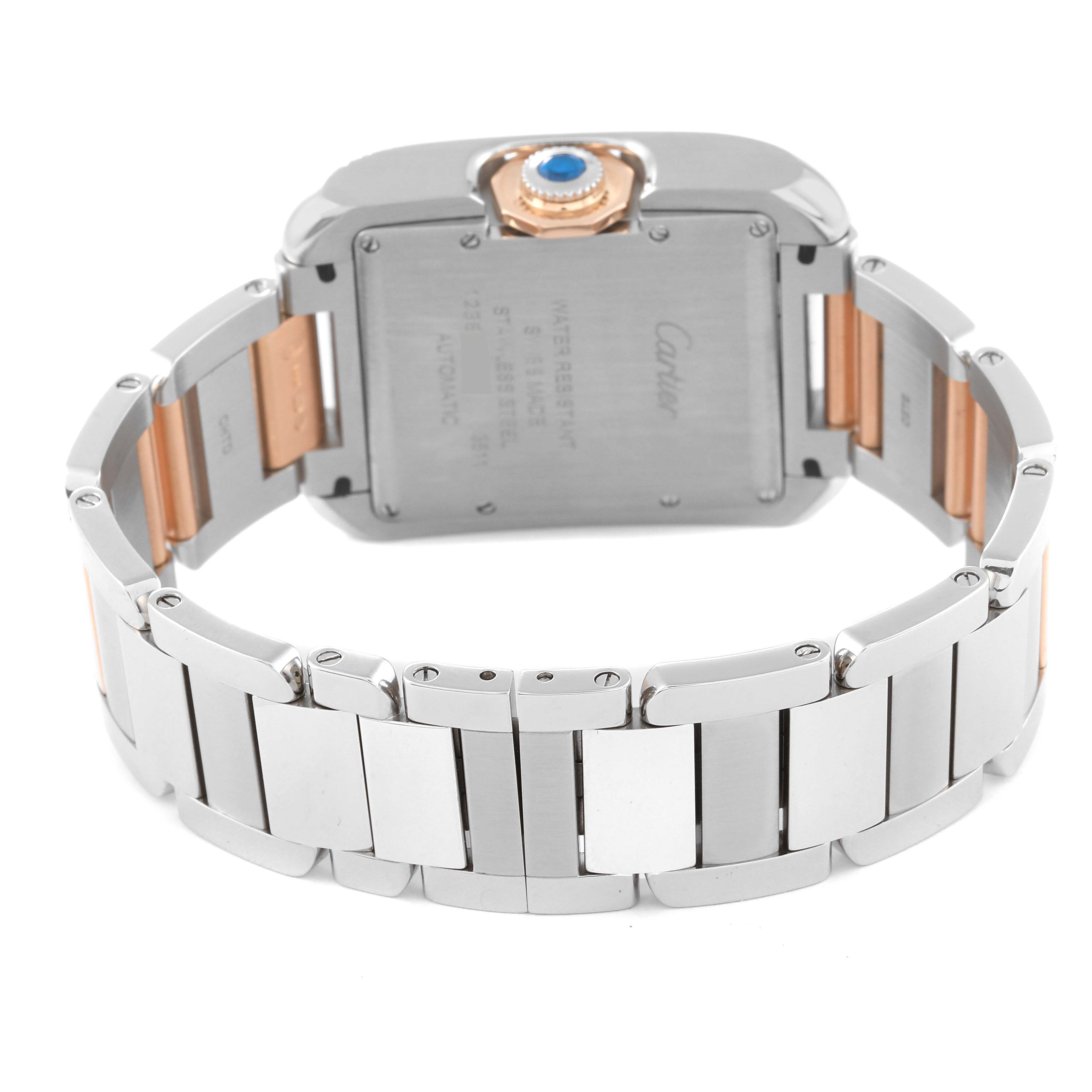 The image shows the back view of a Cartier Tank Anglaise W5310037 Men's Steel and Gold (two tone) Silver Dial W5310037 Men's Steel and Gold (two tone) Silver Dial watch, highlighting its case back and metal bracelet.