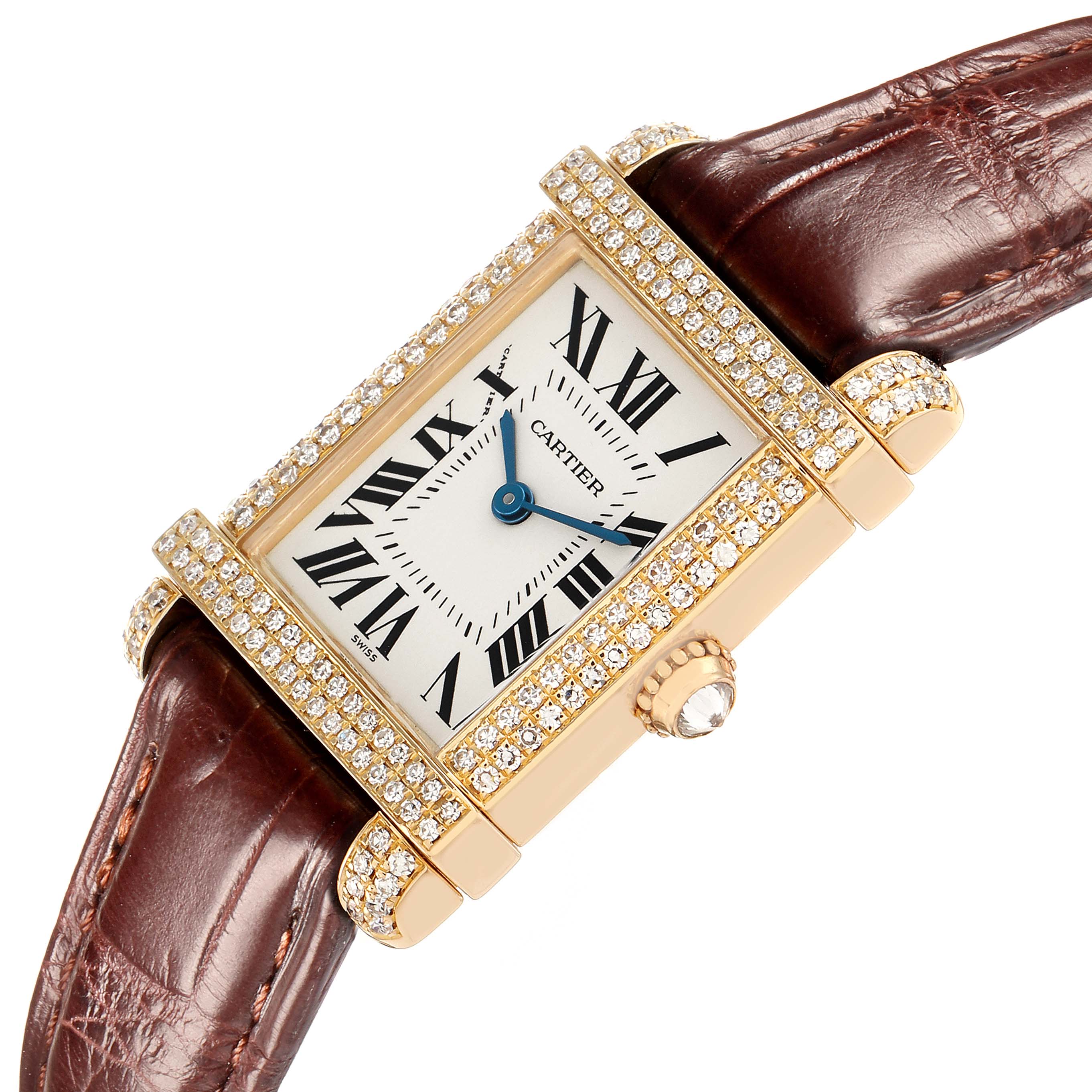 The image shows the Cartier Tank Louis 2305 Women
s Yellow Gold Silver Dial watch at an angled view, highlighting the diamond-encrusted bezel, Roman numeral dial, and brown leather strap.