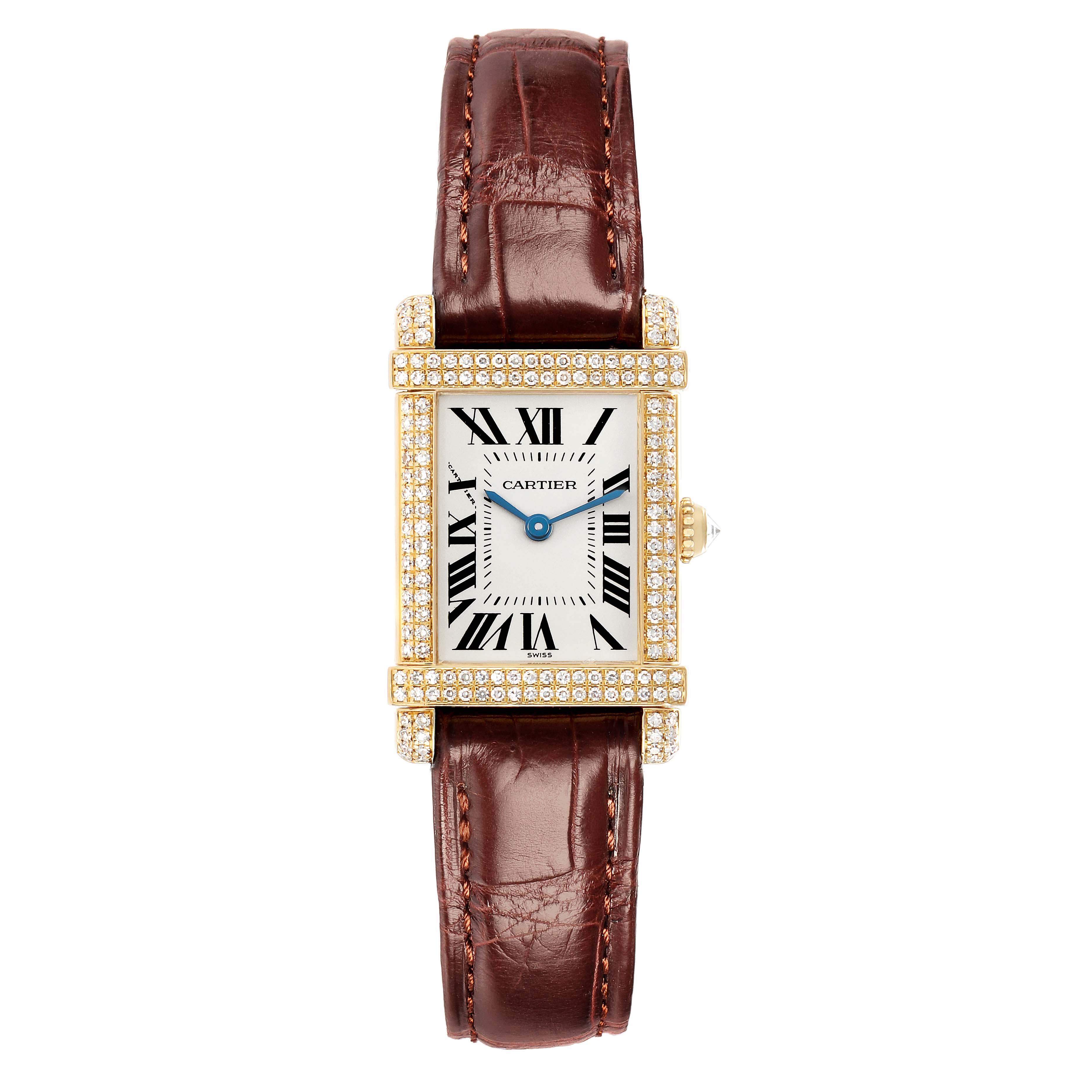 The Cartier Tank Louis 2305 Women
s Yellow Gold Silver Dial watch is shown from the front, displaying its rectangular face, diamond-set bezel, and brown leather strap.