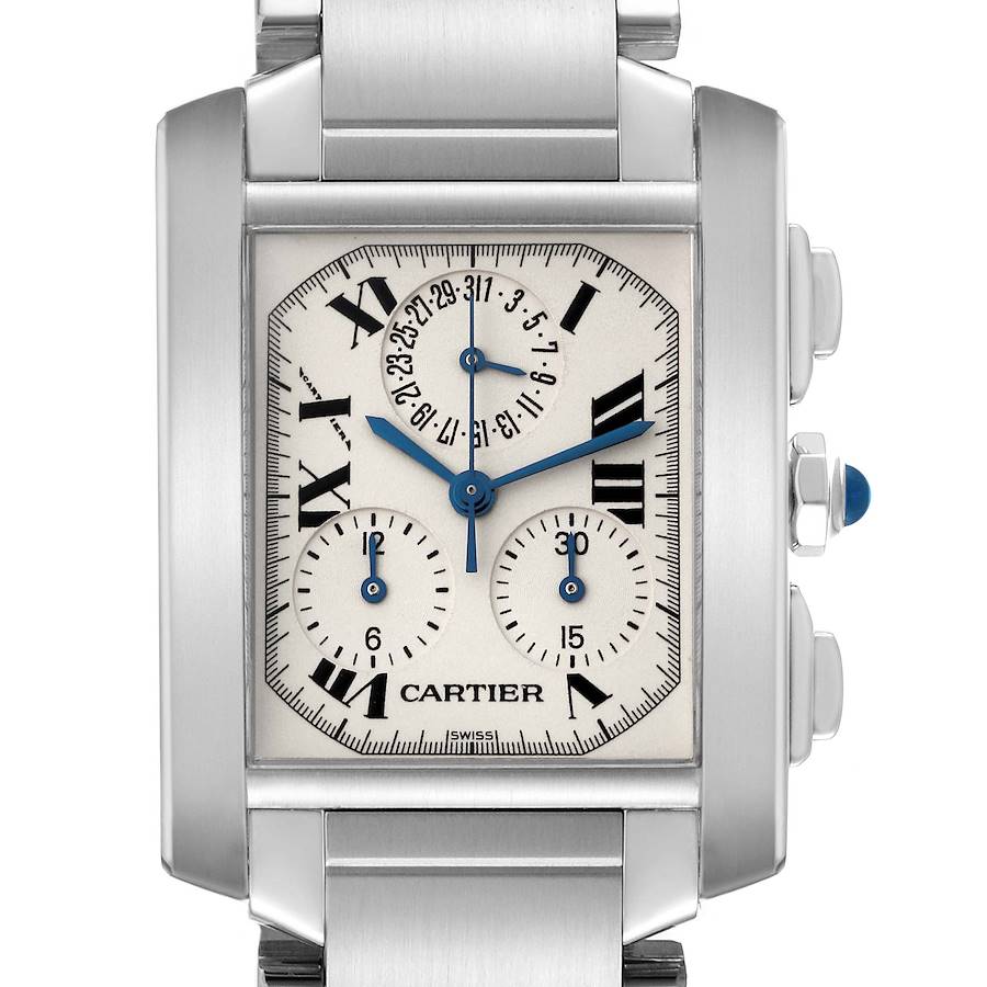 The Cartier Tank Française watch is shown from the front, displaying its face, bracelet, and side buttons.