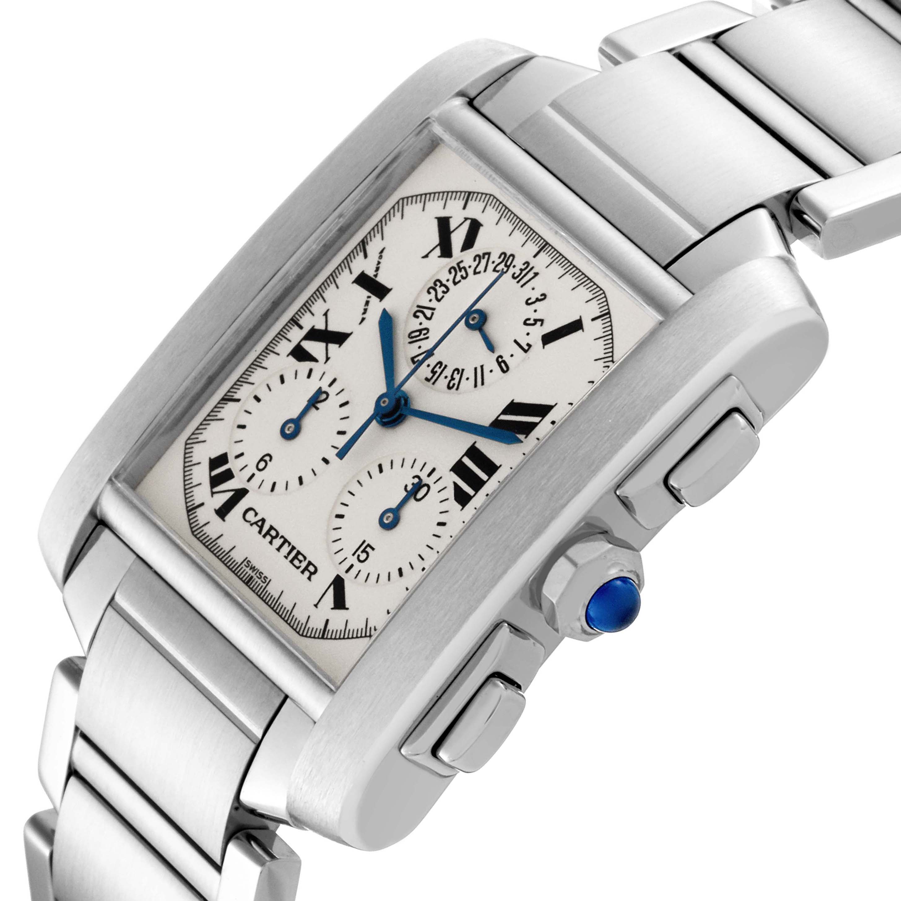 The Cartier Tank Française watch is shown at an angle highlighting the face, crown, and part of the metal bracelet.