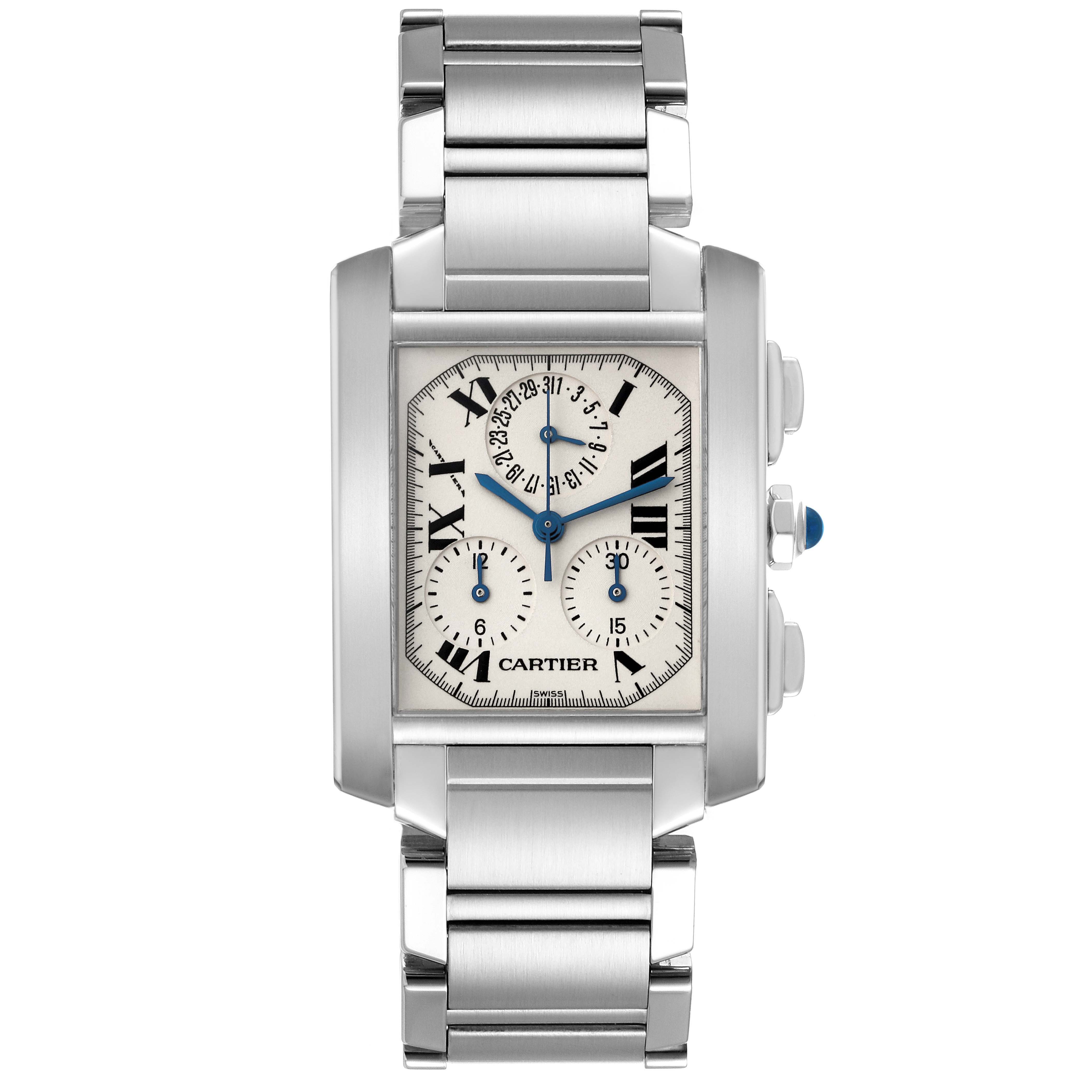 The Cartier Tank Francaise W51001Q3 Men
s Stainless Steel Silver Dial W51001Q3 Men
s Stainless Steel Silver Dial is shown from the front, displaying its face, roman numerals, and metallic bracelet.
