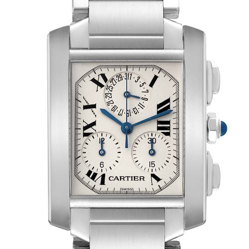 The image shows a front view of the Cartier Tank Francaise watch, highlighting the dial, Roman numerals, subdials, and metal strap.