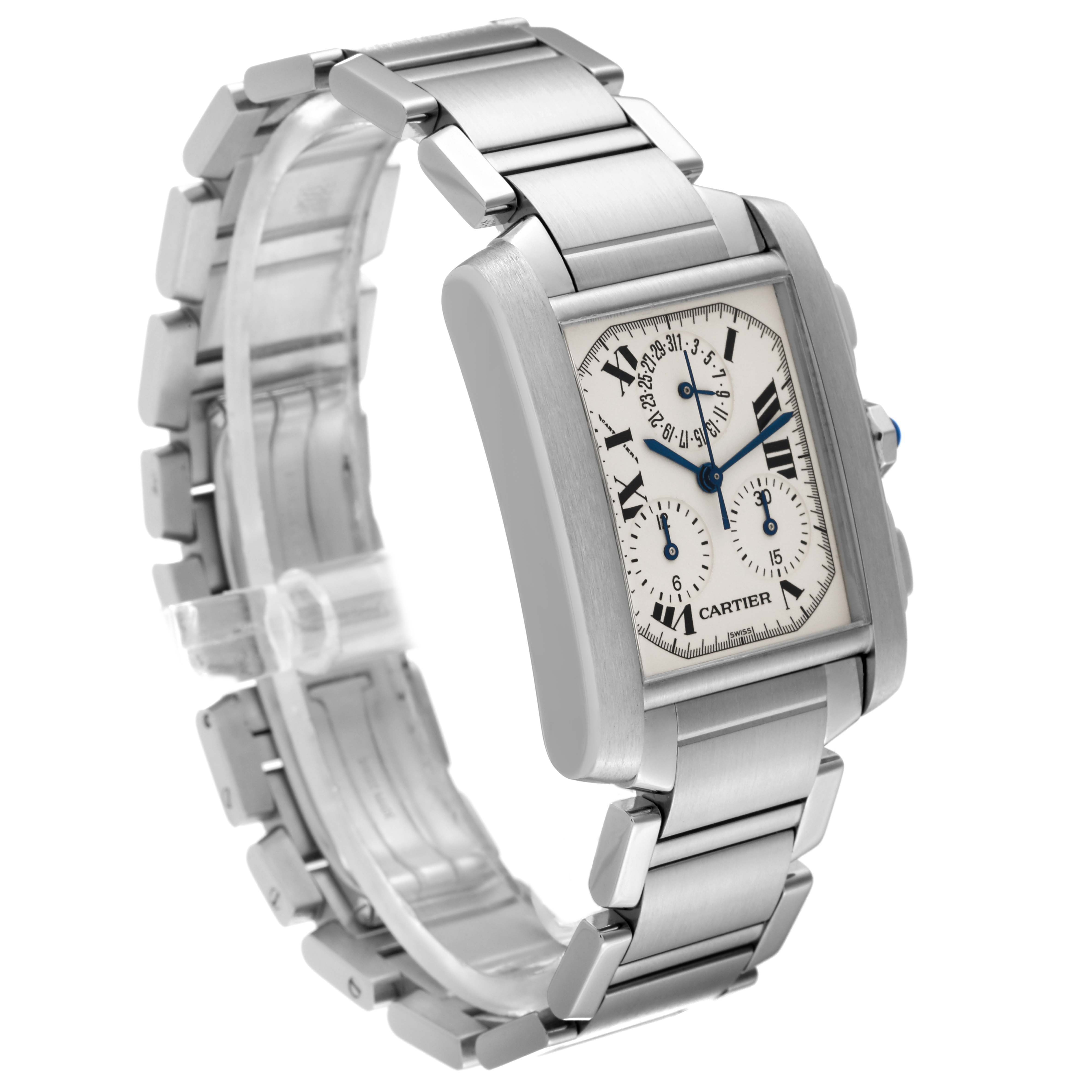 The Cartier Tank Française watch is shown at a three-quarter angle, highlighting the face, bracelet, and side profile.