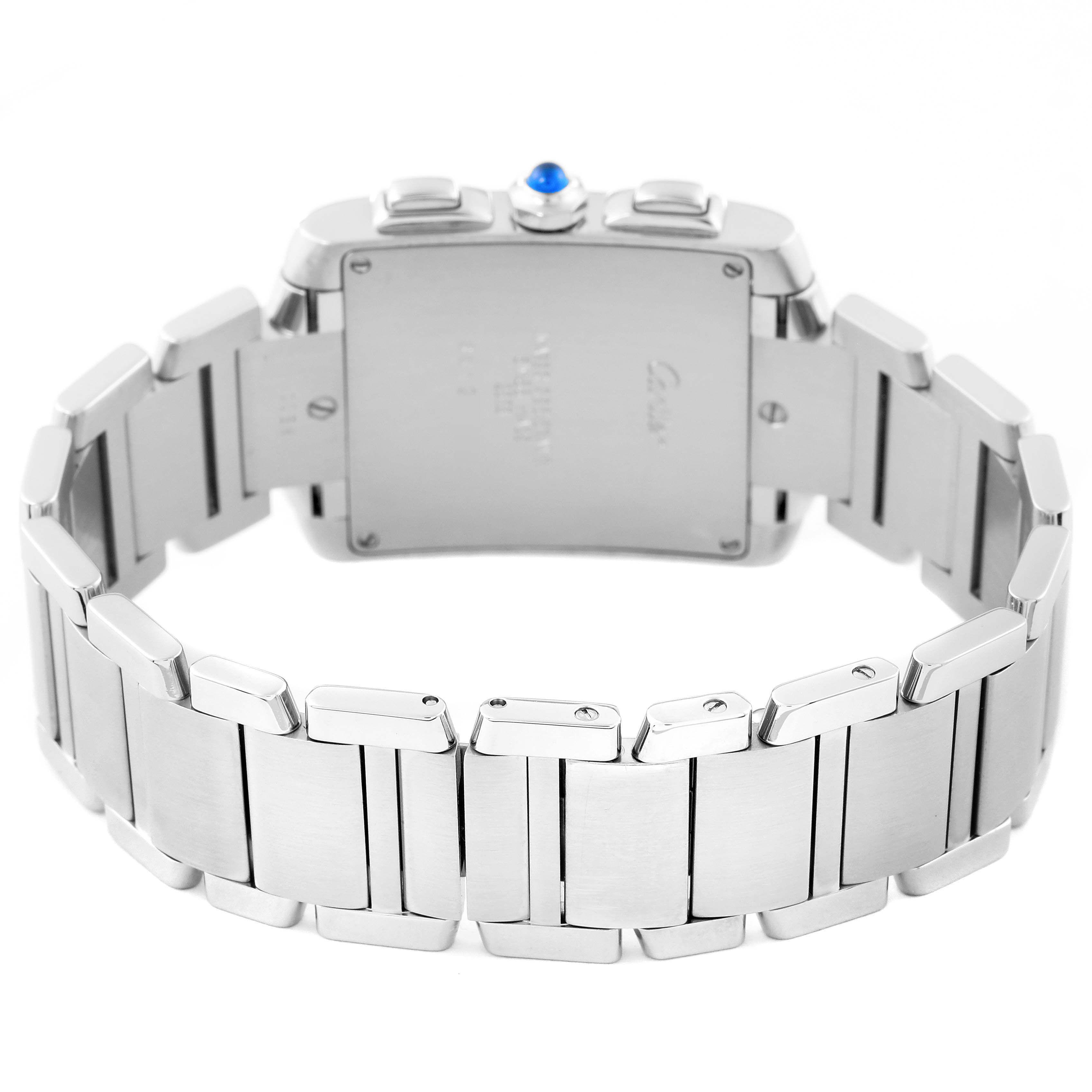 The image shows the back view of a Cartier Tank Francaise W51001Q3 Men
s Stainless Steel Silver Dial W51001Q3 Men
s Stainless Steel Silver Dial watch, highlighting the metal bracelet and caseback.