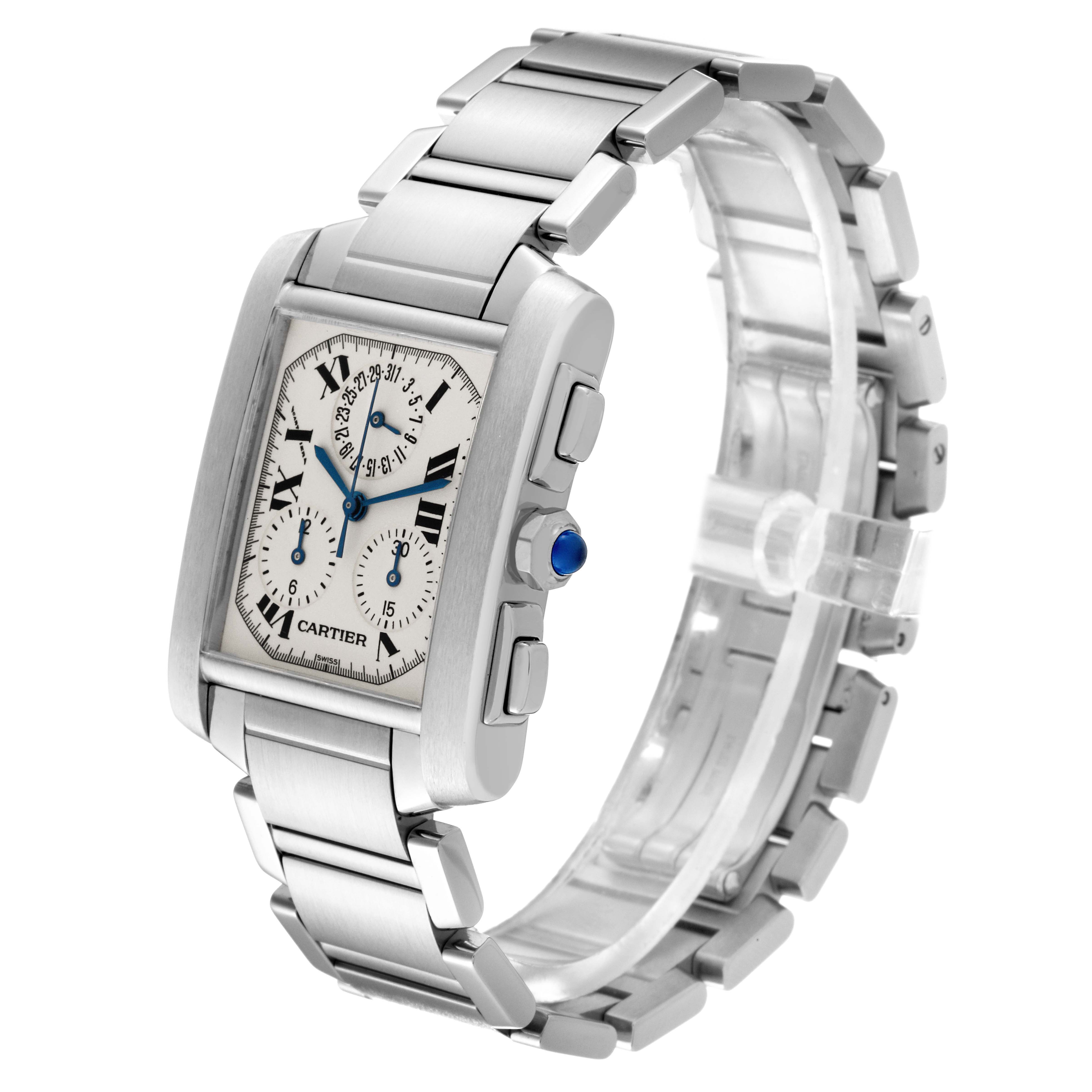 The Cartier Tank Française watch is shown at an angled view, highlighting its rectangular face, side crown, and metal bracelet.