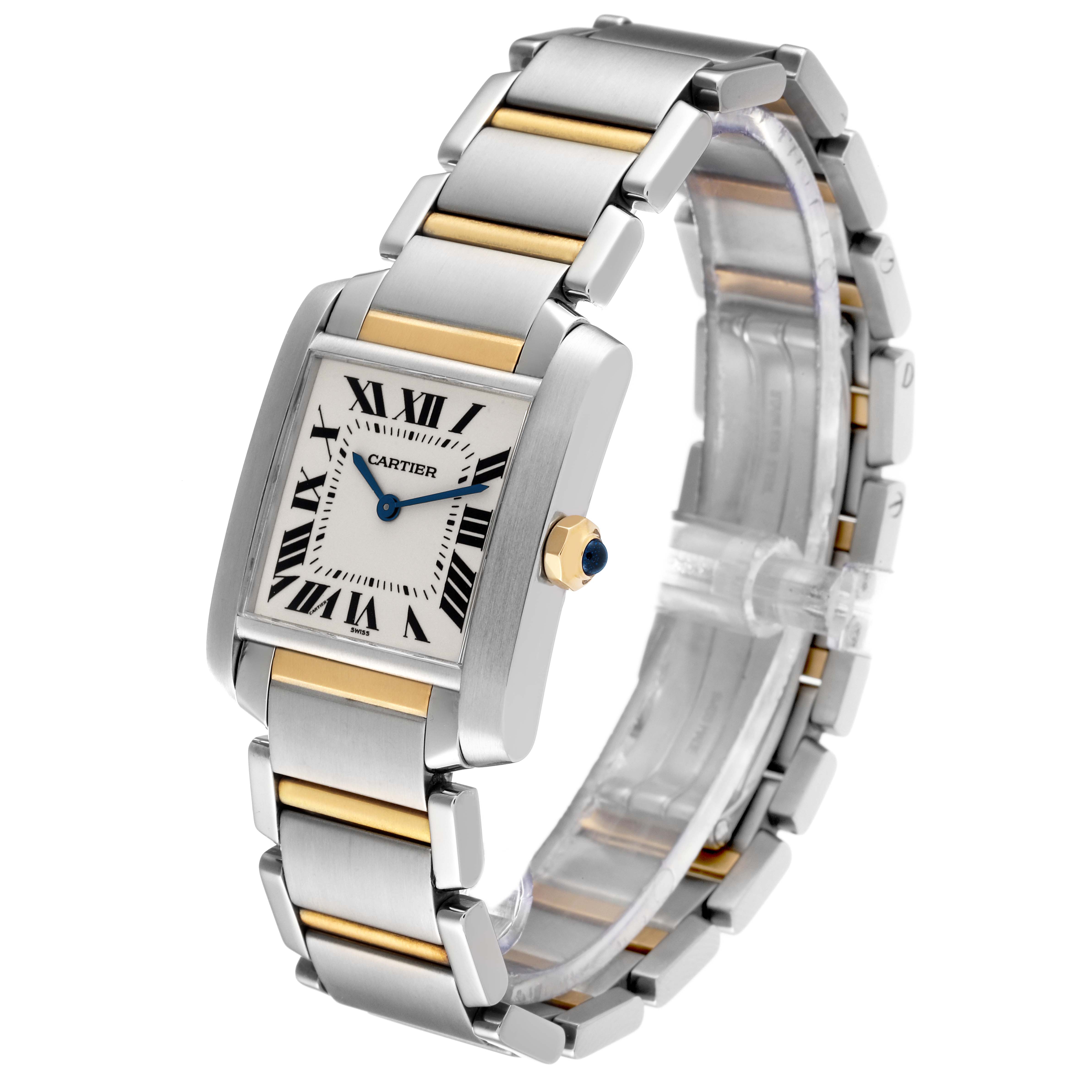 The image shows a Cartier Tank Francaise W2TA0003 Women's Steel and Gold (two tone) Silver Dial W2TA0003 Women's Steel and Gold (two tone) Silver Dial watch angled slightly to the right, highlighting its rectangular face and two-tone metal bracelet.