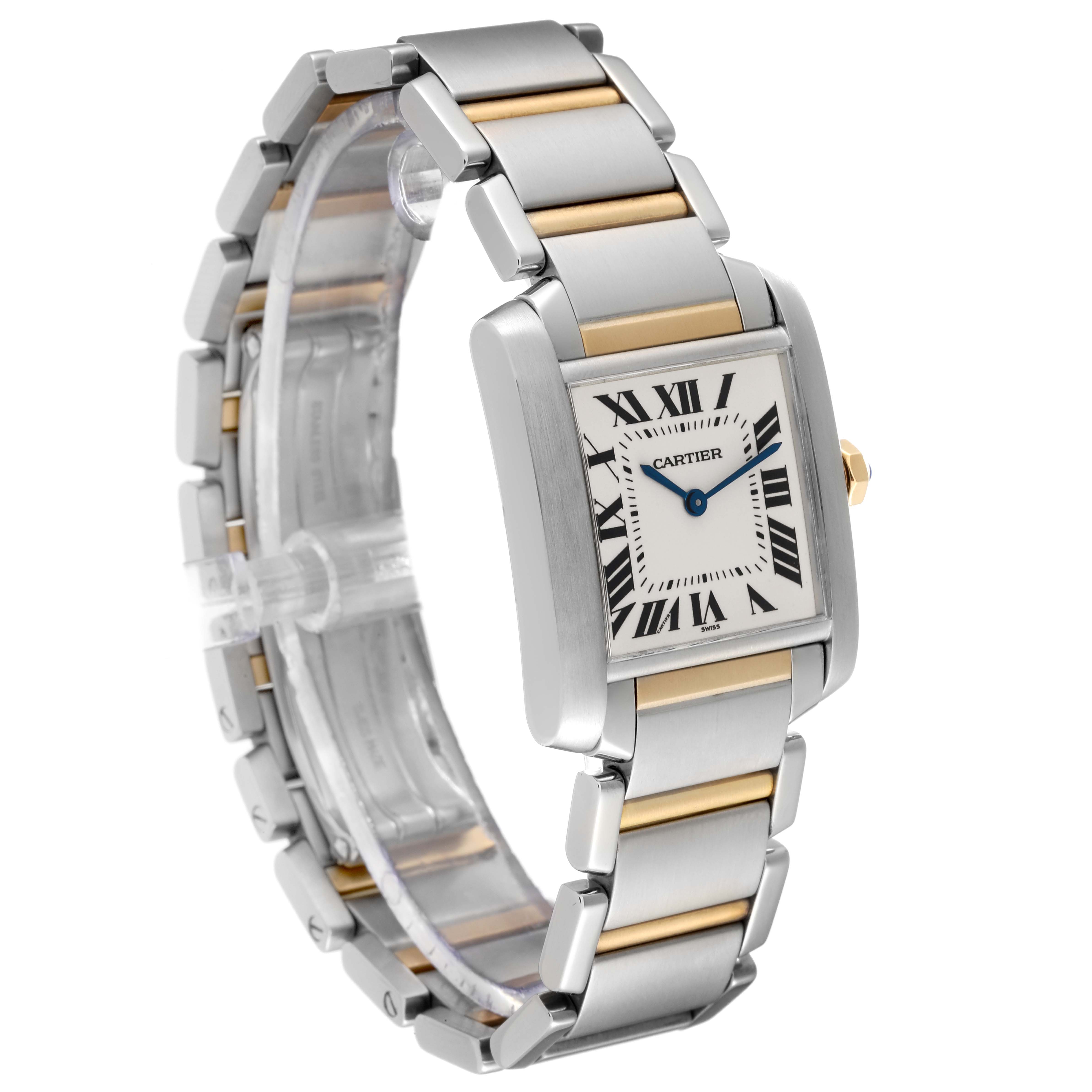 The Cartier Tank Francaise W2TA0003 Women's Steel and Gold (two tone) Silver Dial W2TA0003 Women's Steel and Gold (two tone) Silver Dial watch is shown at a front-side angle, highlighting its bracelet, case, and dial.