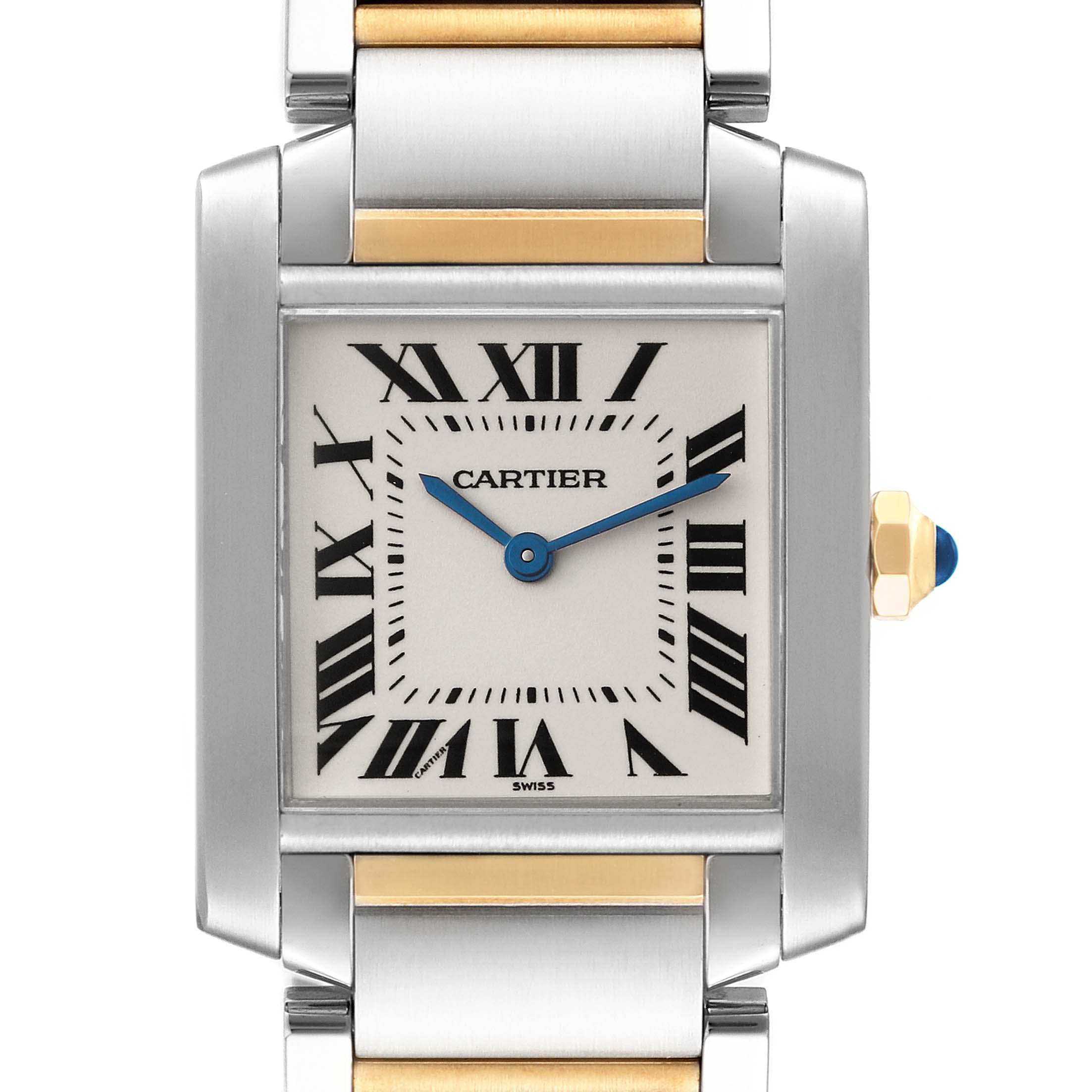 This image shows a frontal close-up of the Cartier Tank Française watch, highlighting its dial, hands, crown, and part of the bracelet.