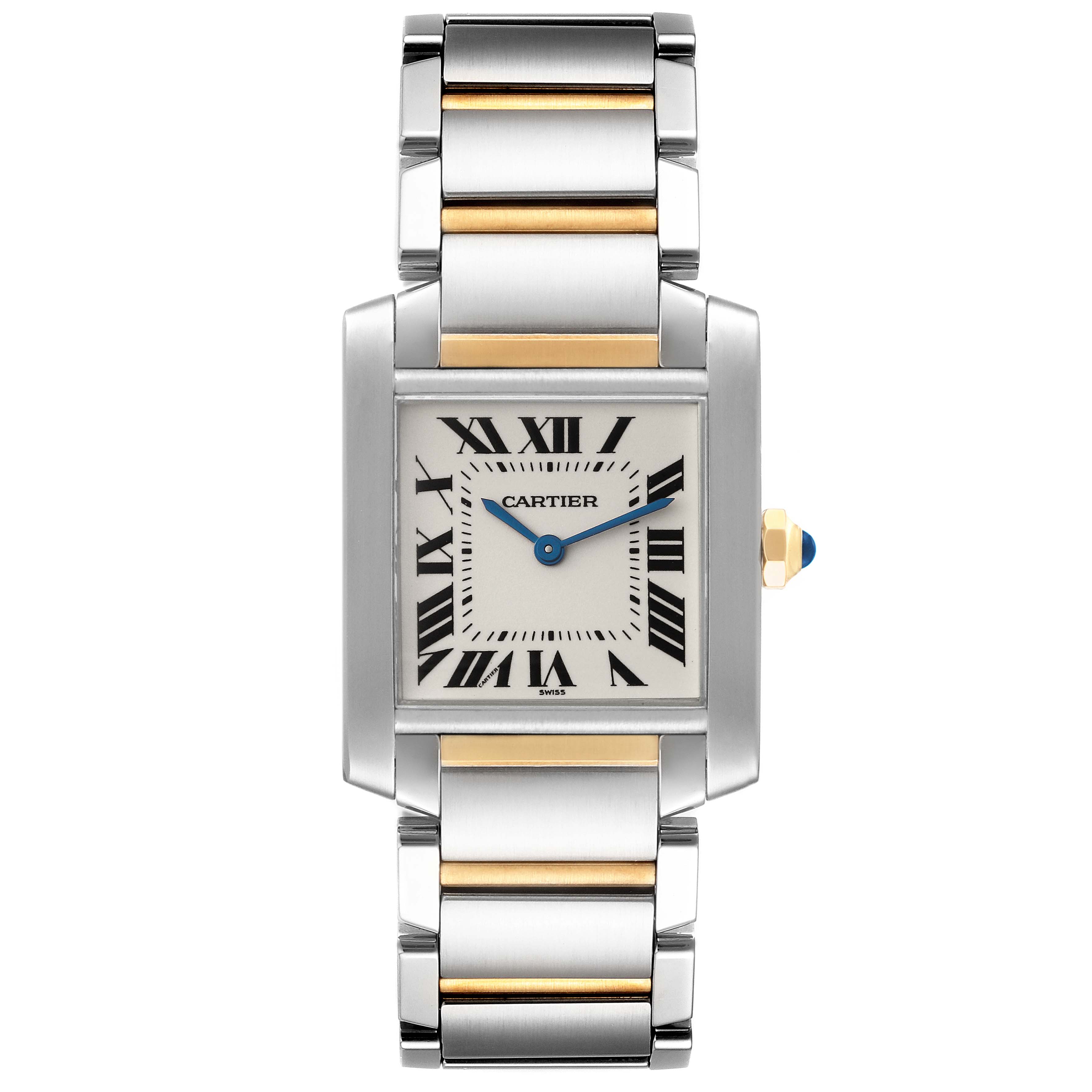 This image shows a Cartier Tank Francaise W2TA0003 Women's Steel and Gold (two tone) Silver Dial W2TA0003 Women's Steel and Gold (two tone) Silver Dial model watch from a top-down angle, displaying its rectangular face and metal bracelet.