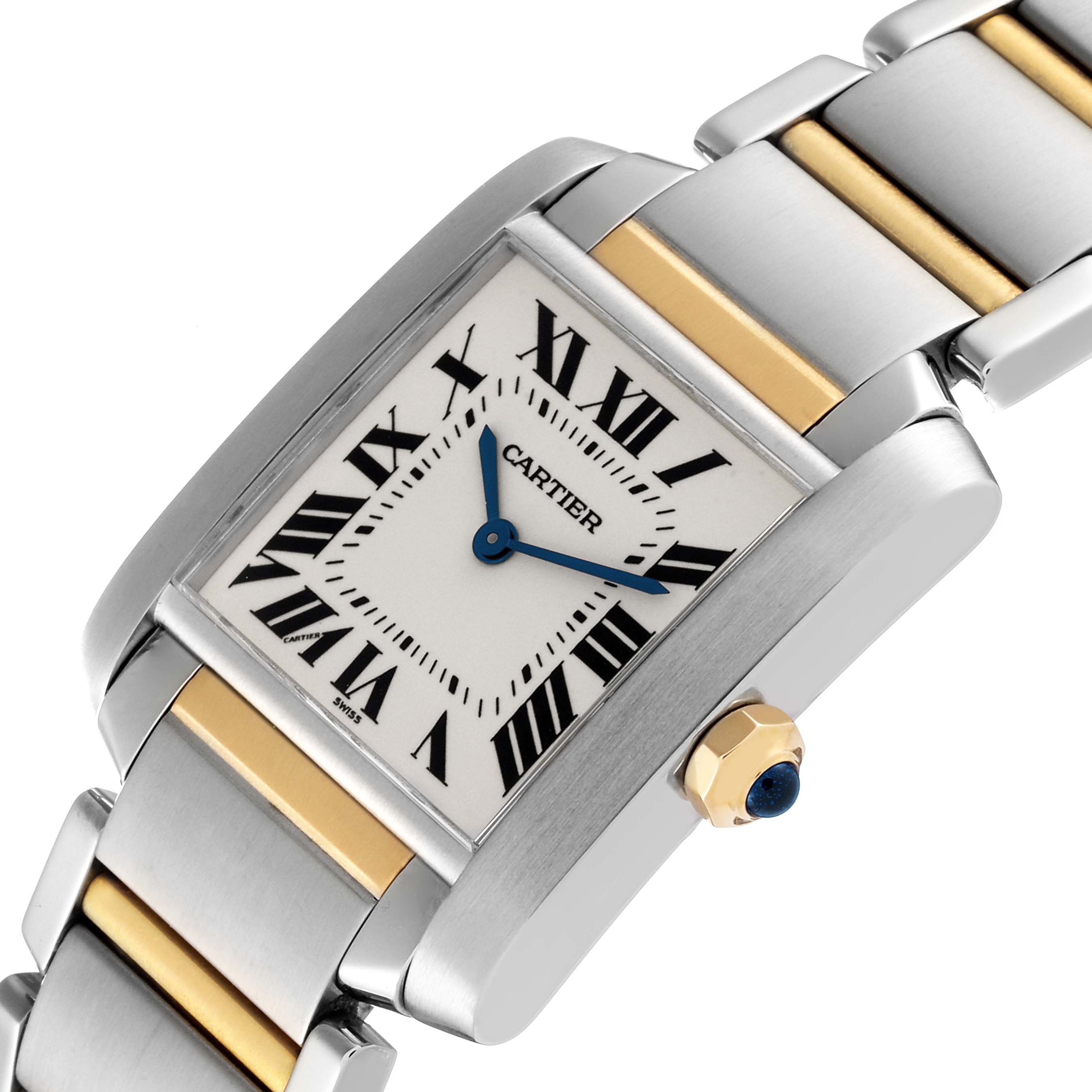 This image shows a close-up angled view of the Cartier Tank Francaise W2TA0003 Women's Steel and Gold (two tone) Silver Dial W2TA0003 Women's Steel and Gold (two tone) Silver Dial watch, highlighting its face, bezel, crown, and part of the bracelet.