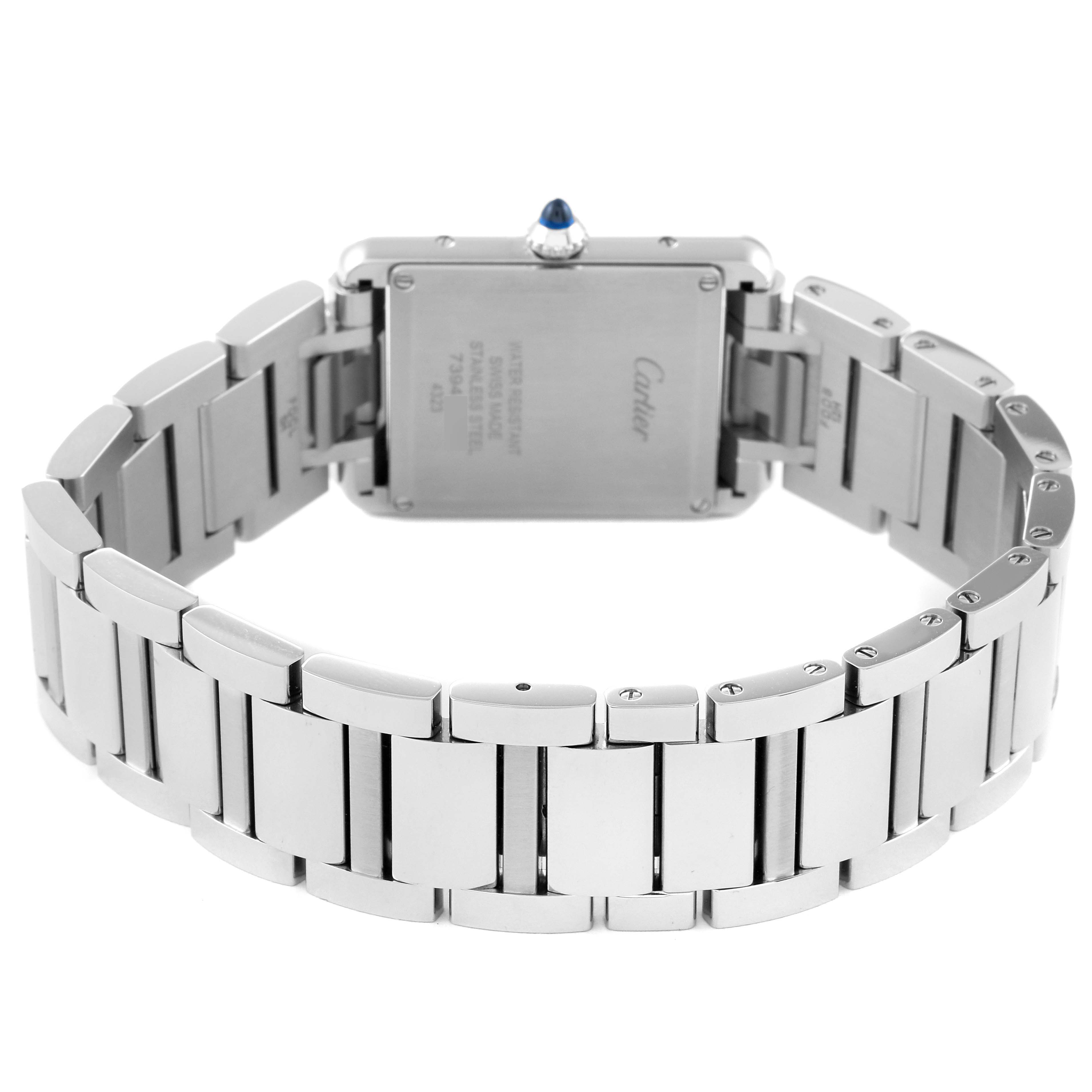 The image shows the back view of a Cartier Tank Must WSTA0052 Women's Stainless Steel Silver Dial WSTA0052 Women's Stainless Steel Silver Dial watch, highlighting the case back and metal bracelet.